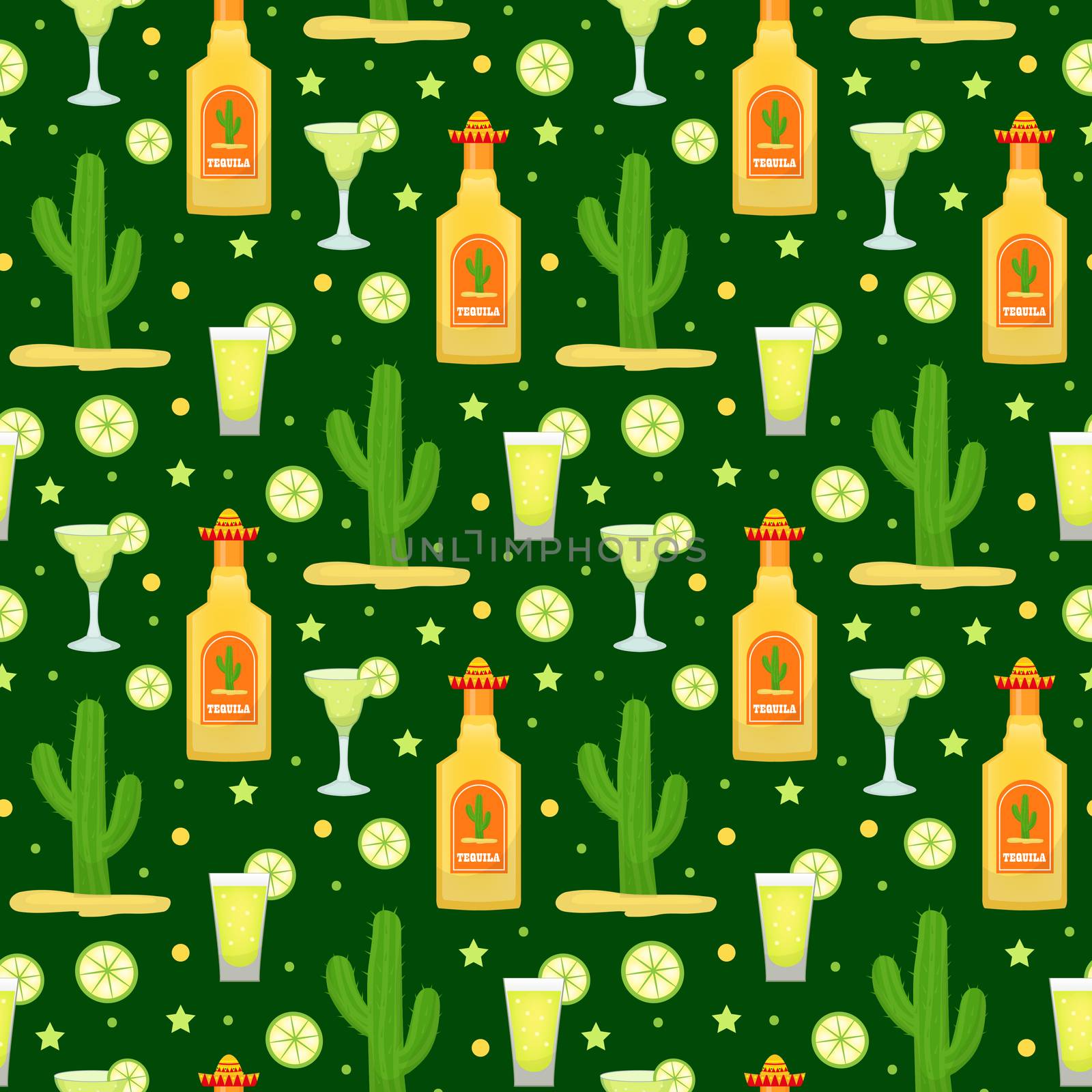 Cinco de Mayo seamless pattern with tequila and cactus. Mexican holiday endless background, texture. illustration