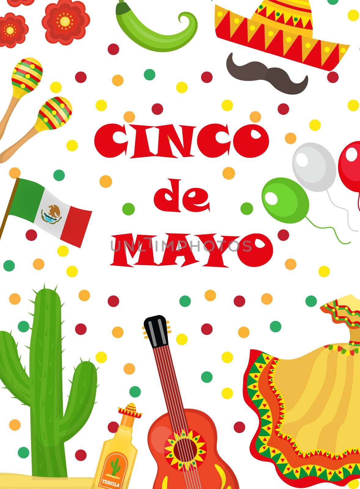 Cinco de Mayo greeting card, template for flyer, poster, invitation. Mexican celebration with traditional symbols. illustration. by lucia_fox