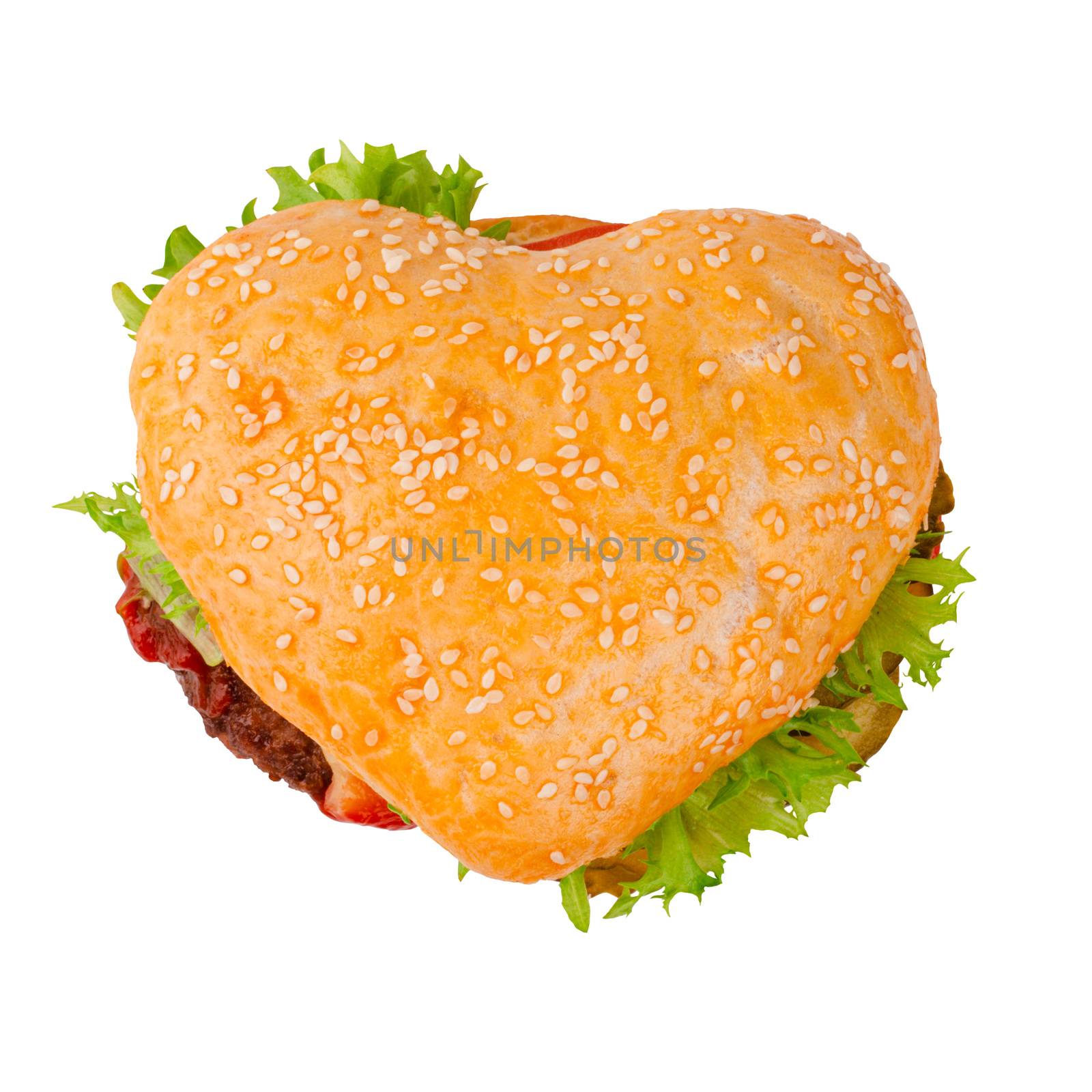 Heart shape burger cheeseburger hamburger, love burger fast food concept, isolated on white background, top view flat lay