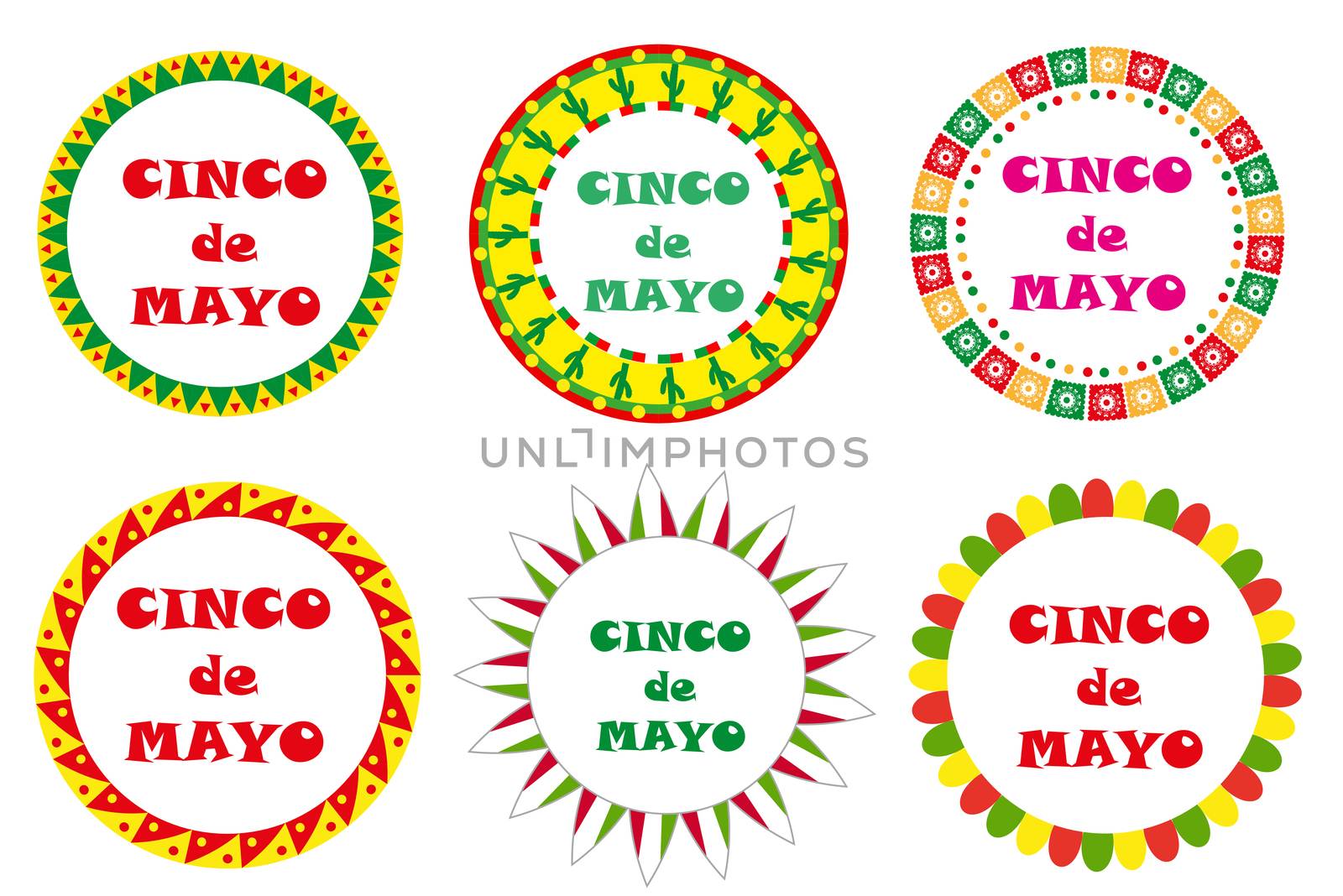 Cinco de Mayo set of round frames with space for text. Isolated on white background. illustration. by lucia_fox