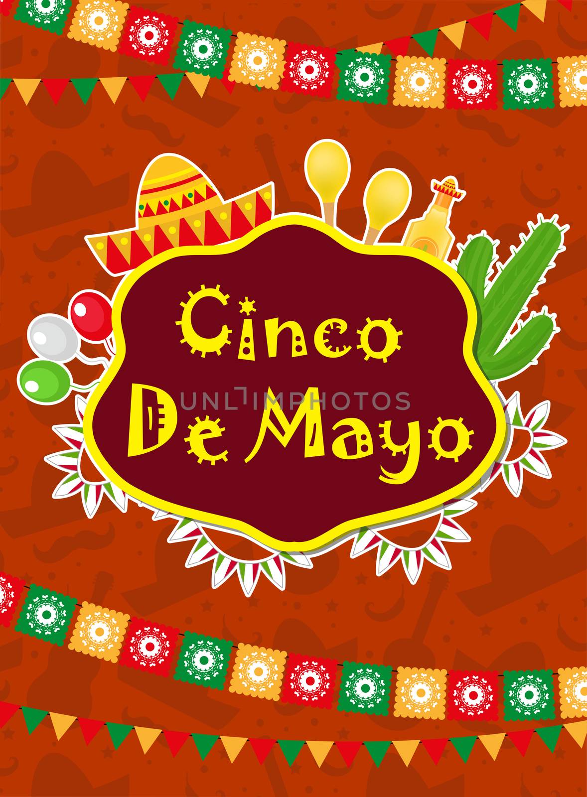 Cinco de Mayo greeting card, template for flyer, poster, invitation. Mexican celebration with traditional symbols. illustration