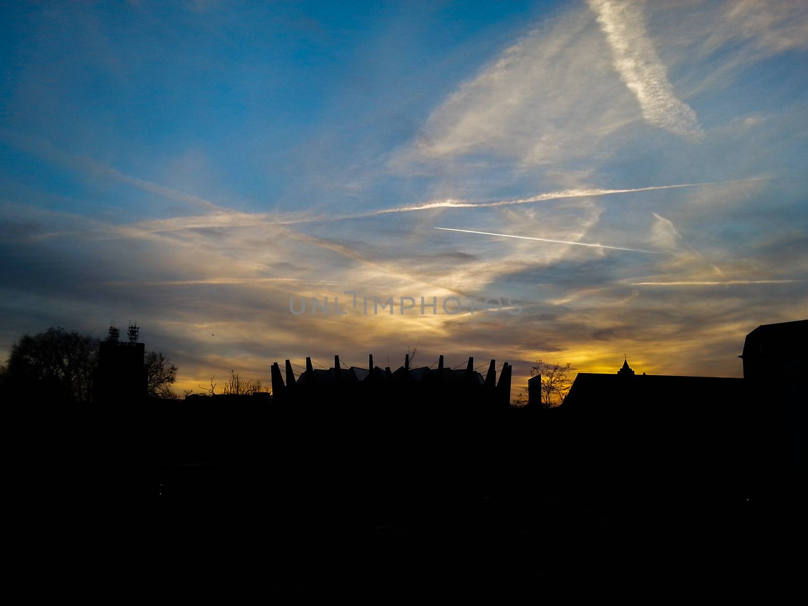 Sunset over silhouette of cityscape in Wroclaw city