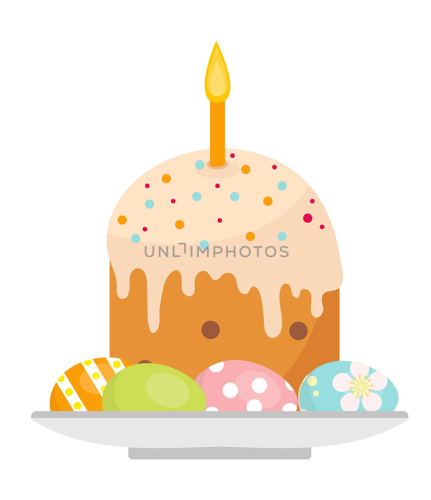 Easter cake with candles on a plate with eggs icon, flat style. Isolated on white background. illustration, clip-art. by lucia_fox