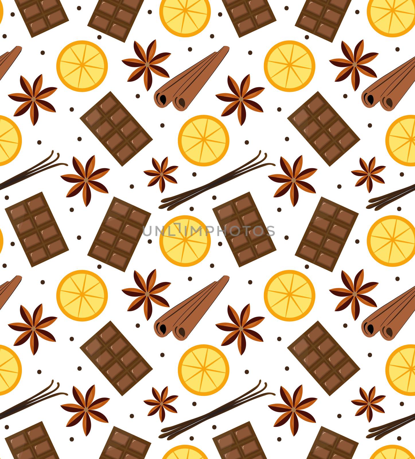 Spices seamless pattern. Mulled wine and chocolate endless background, texture. illustration. by lucia_fox