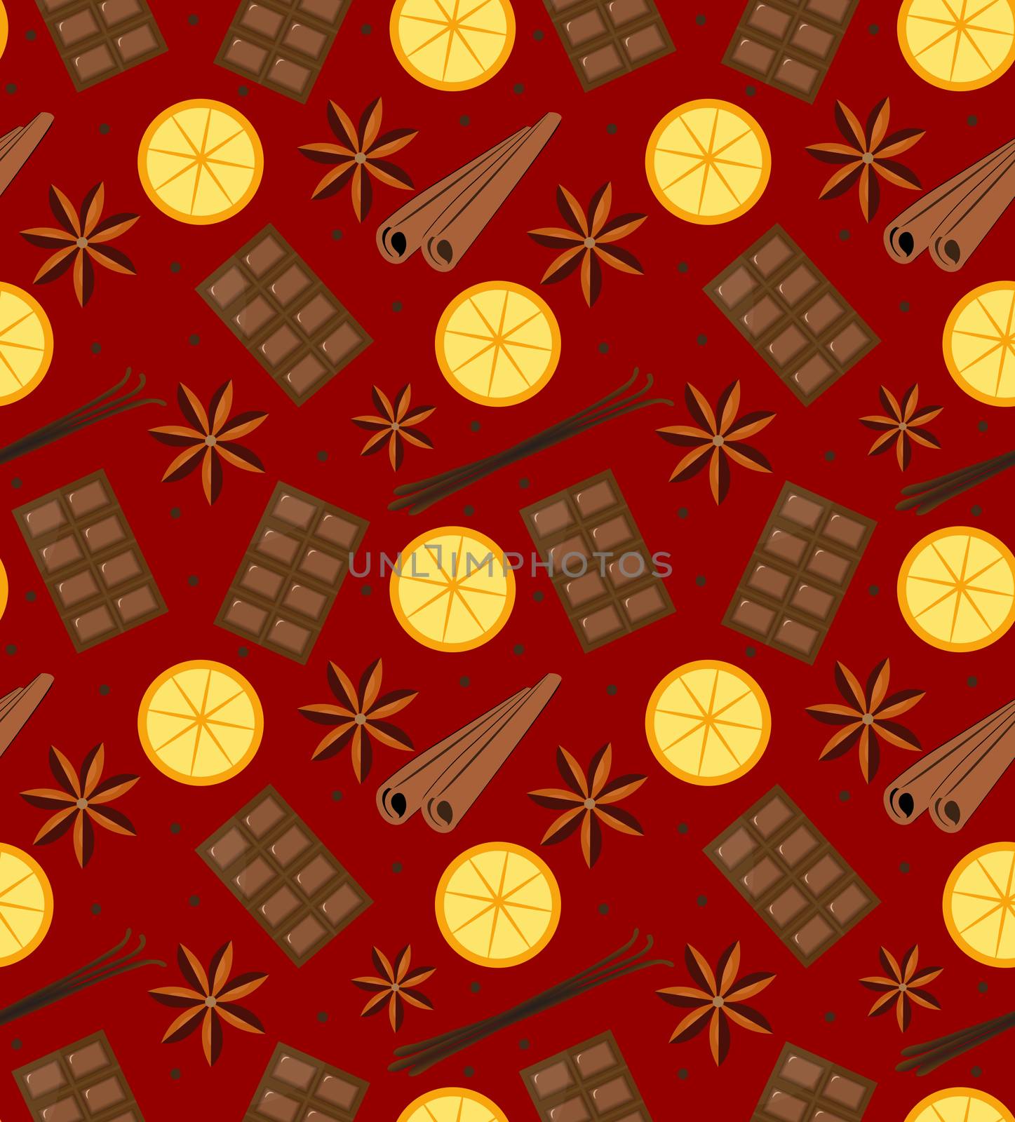 Spices seamless pattern. Mulled wine and chocolate endless background, texture. illustration. by lucia_fox