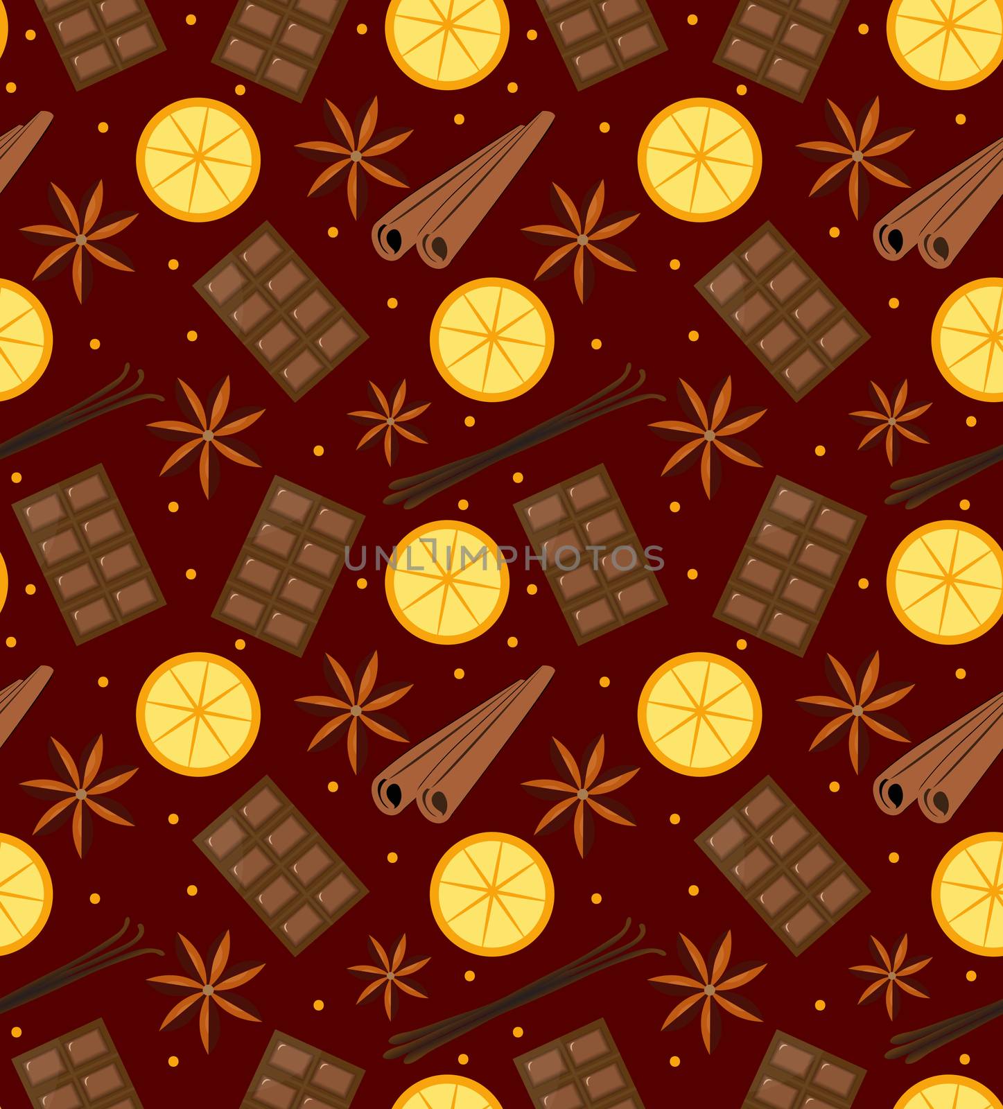 Spices seamless pattern. Mulled wine and chocolate endless background, texture. illustration. by lucia_fox