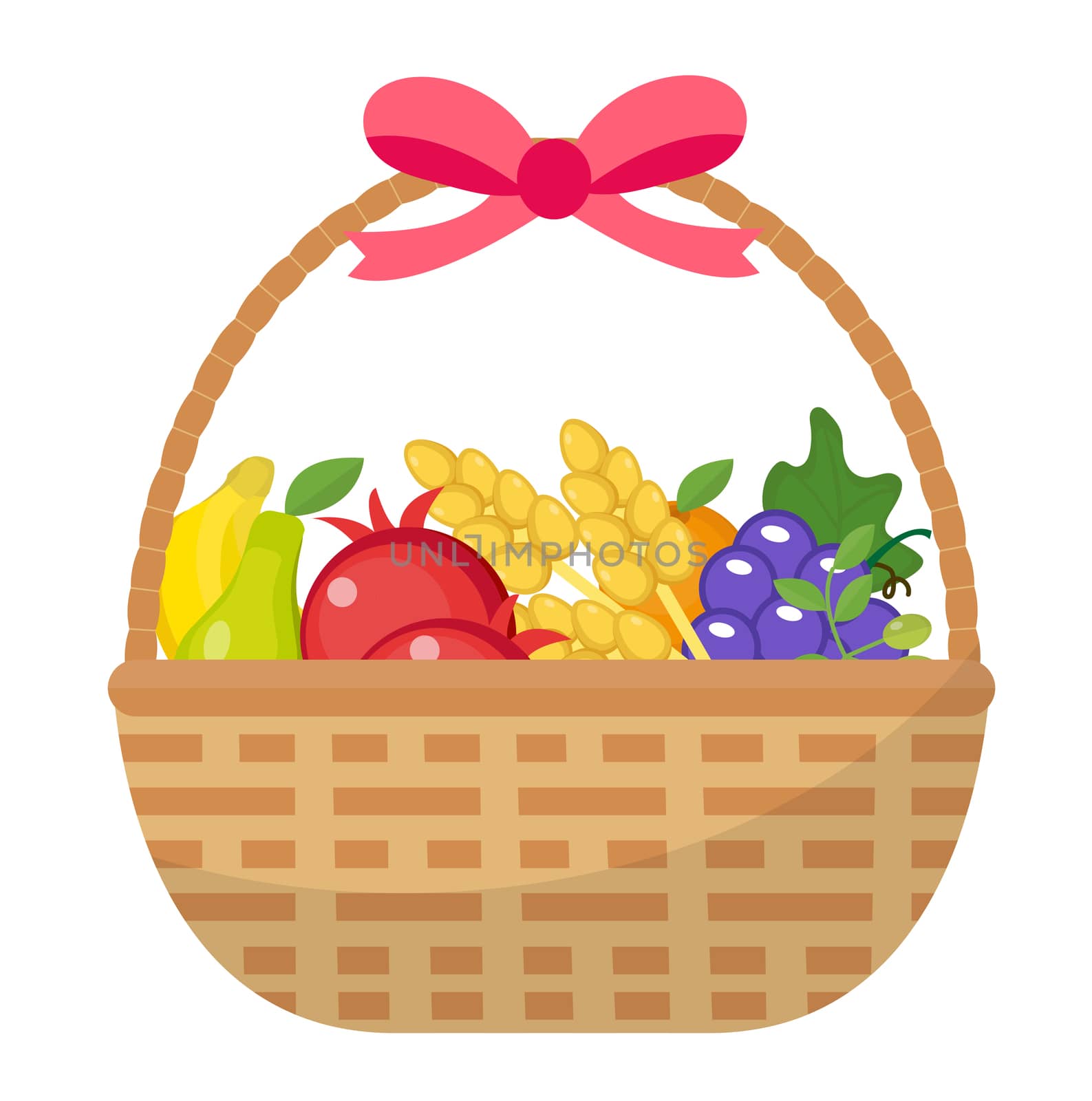 Fruit Basket icon, flat, cartoon style. Jewish holiday Shavuot, food concept. Pomegranate, grapes, wheat, olives. Isolated on white background. illustration, clip-art. by lucia_fox