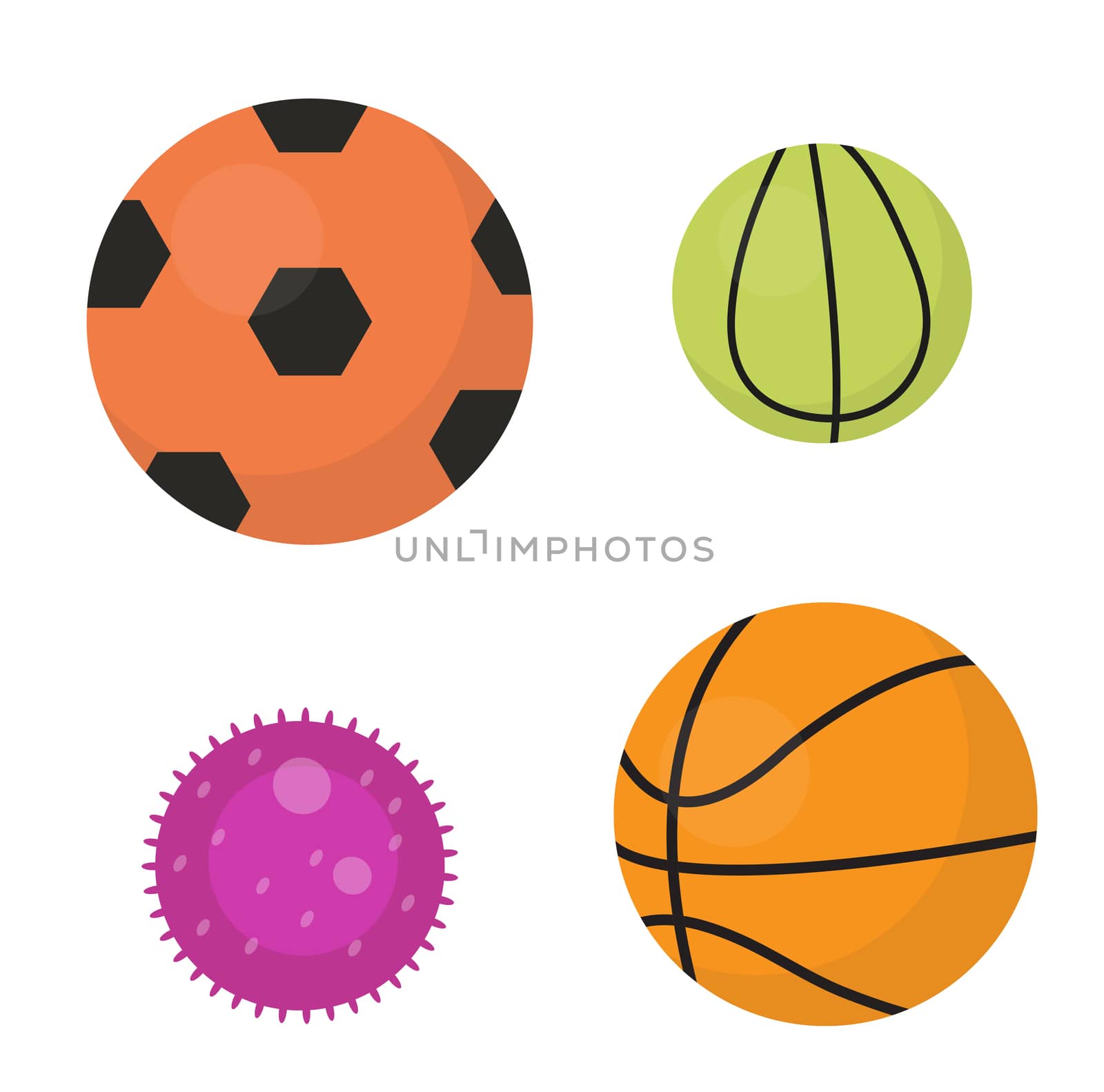 Balls set icons, flat, cartoon style. Collection of football, basketball, tennis. Isolated on white background. illustration, clip-art