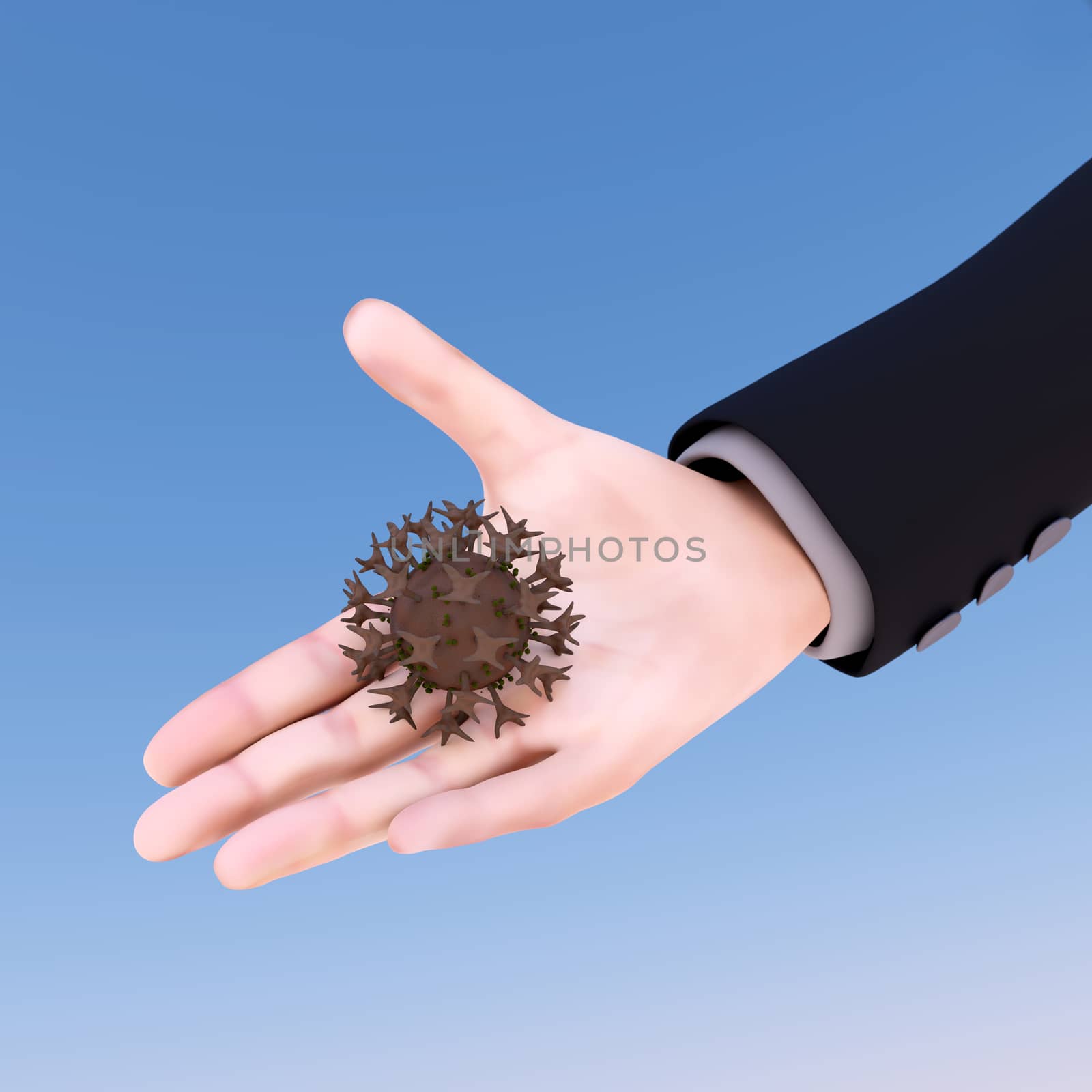 Virus in the hand- Health concept. 3D illustration. Sky background.