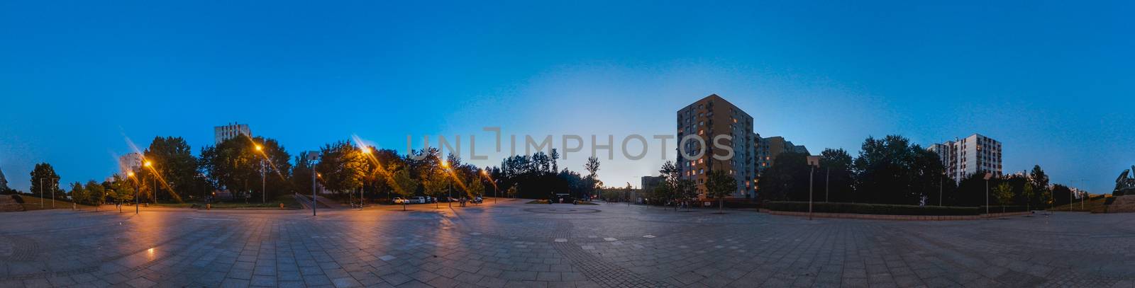 Katowice spherical panorama at blue hour with ligts