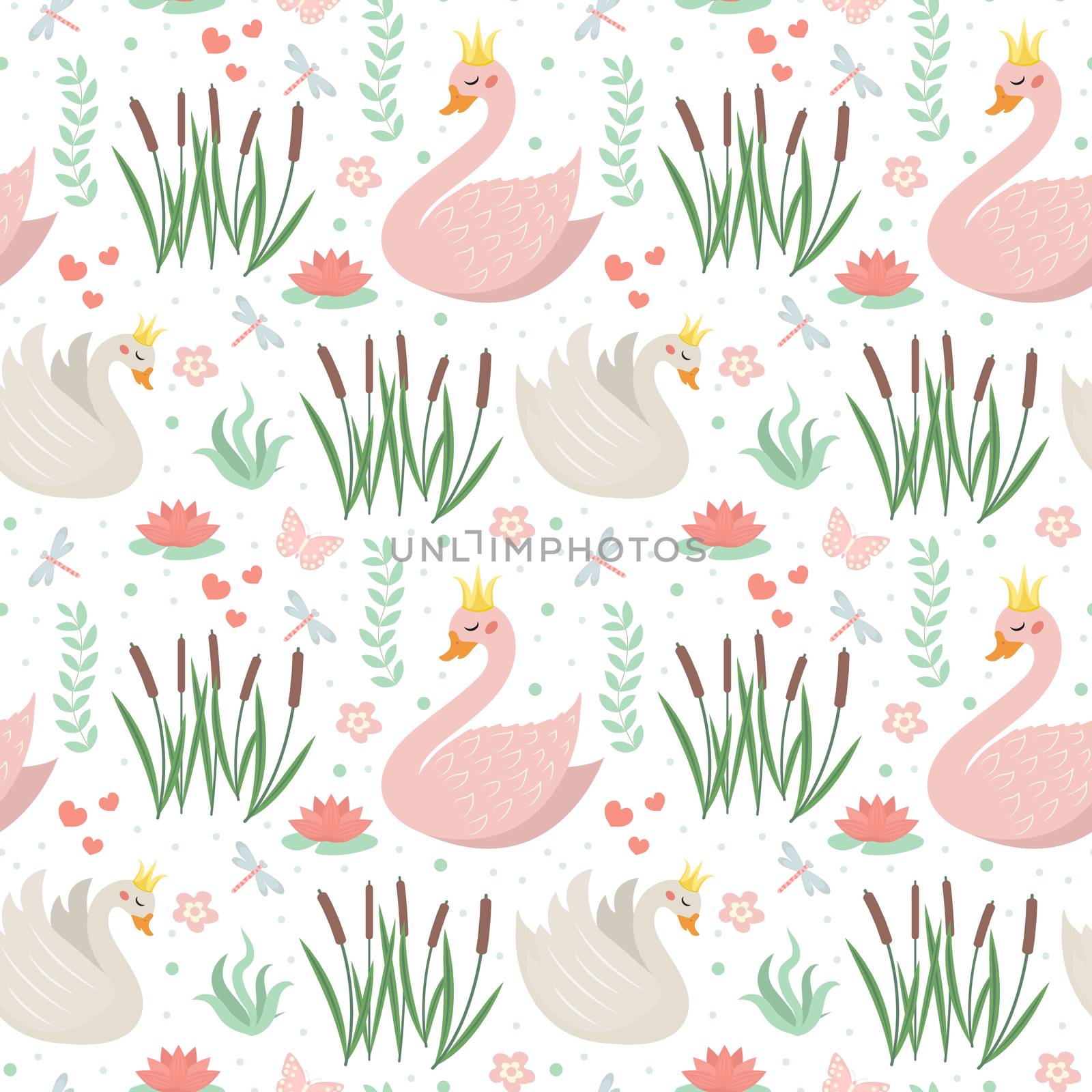 Swans cute seamless pattern. Modern princess swan repetitive texture. Holiday endless background, backdrop. illustration