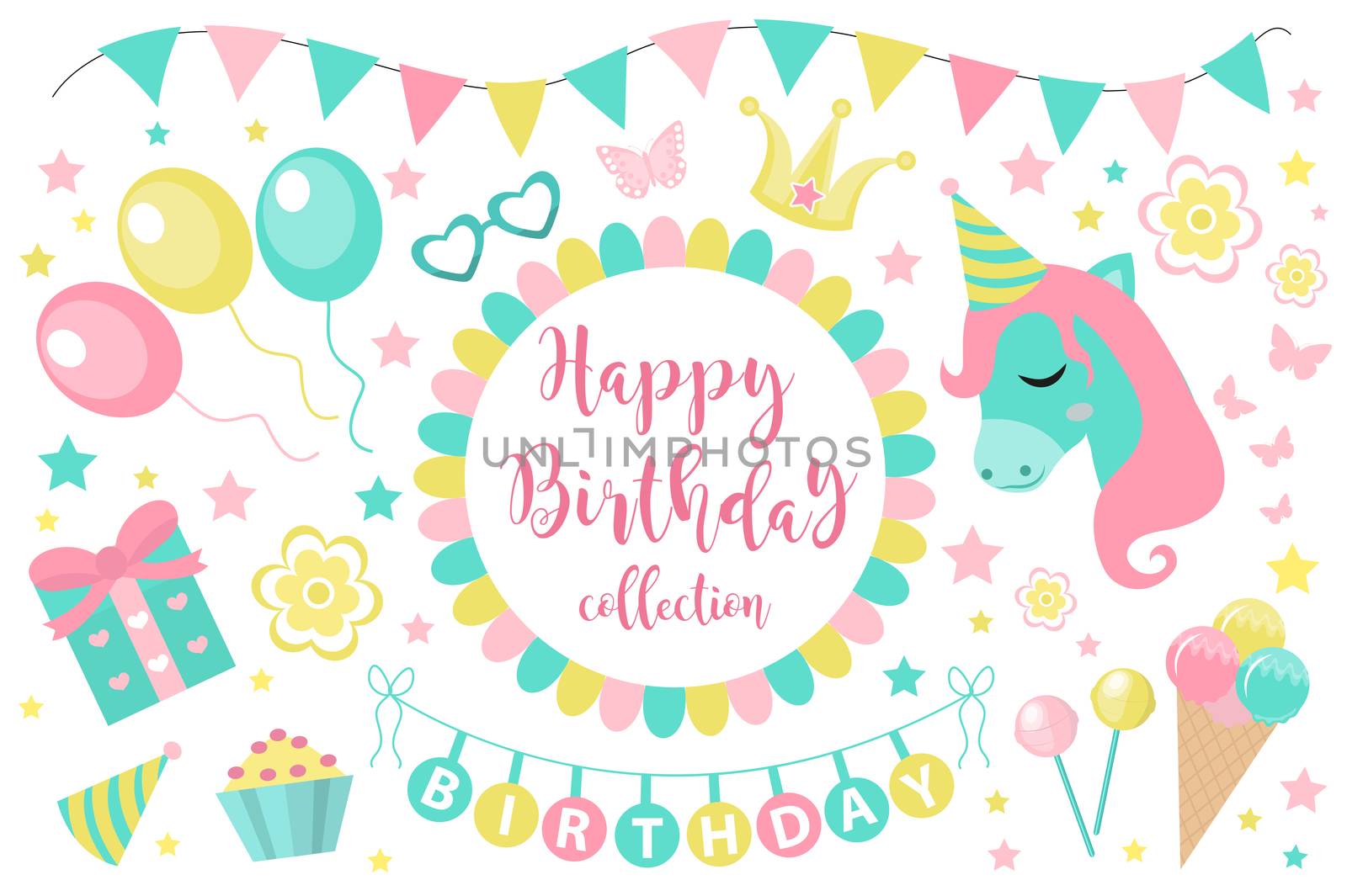 Happy birthday modern cute icons set, cartoon flat style. Party collection of design elements with unicorn, balloons, gerland, sweets. Candy and cake for childrens holiday kit. illustration