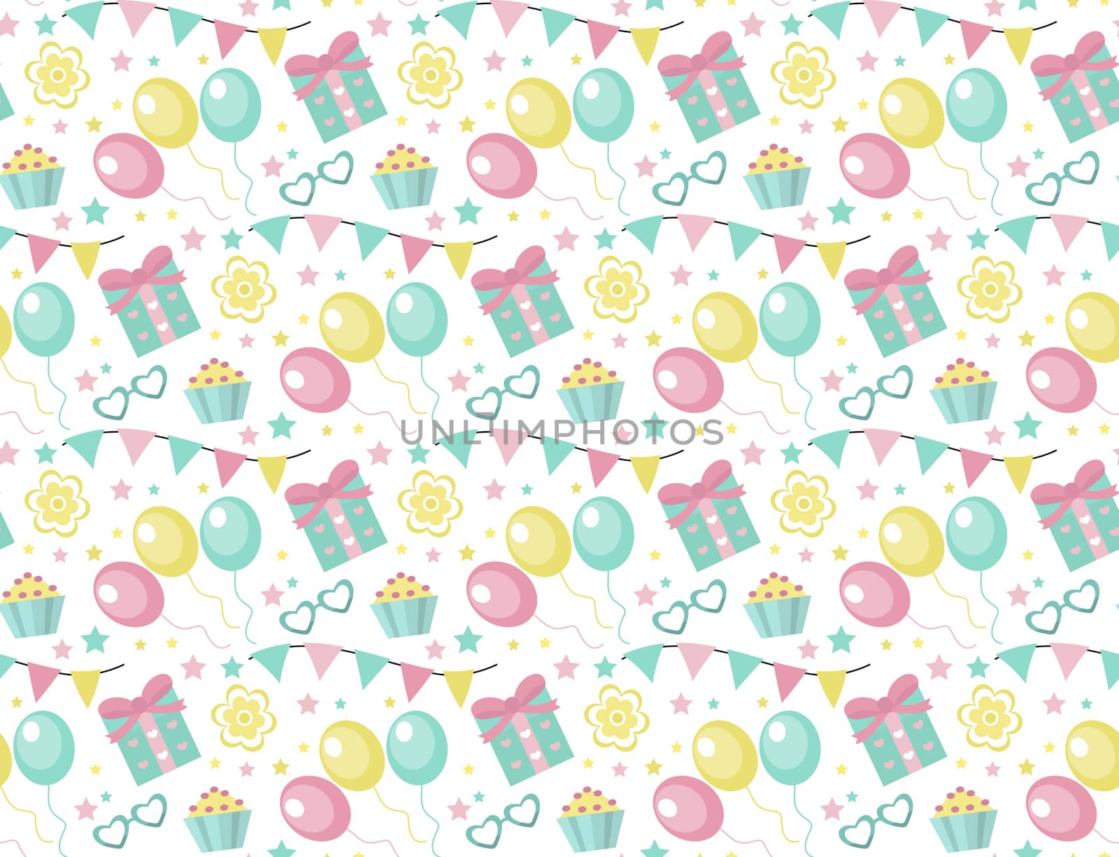 Happy birthday seamless pattern. Party repeating texture with gerland, sweets, gift. Holiday endless background, backdrop. illustration