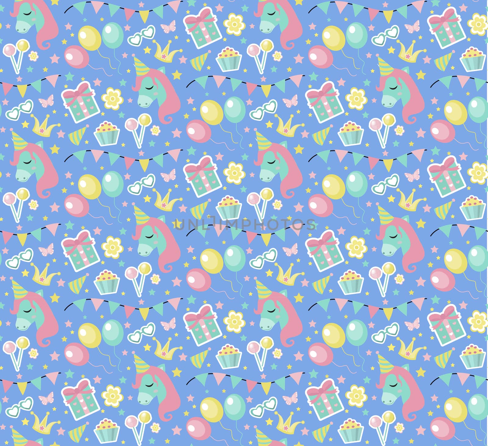 Happy birthday seamless pattern. Party repeating texture with gerland, sweets, gift. Holiday endless background, backdrop. illustration