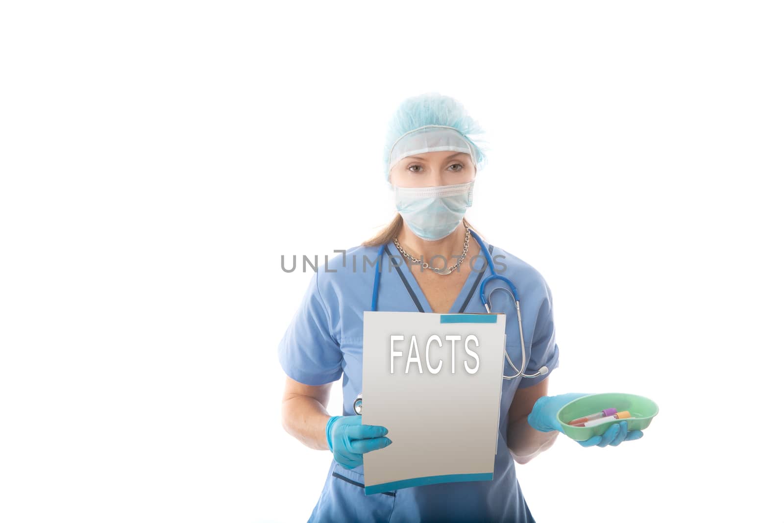 A nurse, pathologist or hospital worker holds a fact brochure and kidnes dish with blood tubes during the COVID-19 influenza coronabirus pandemic