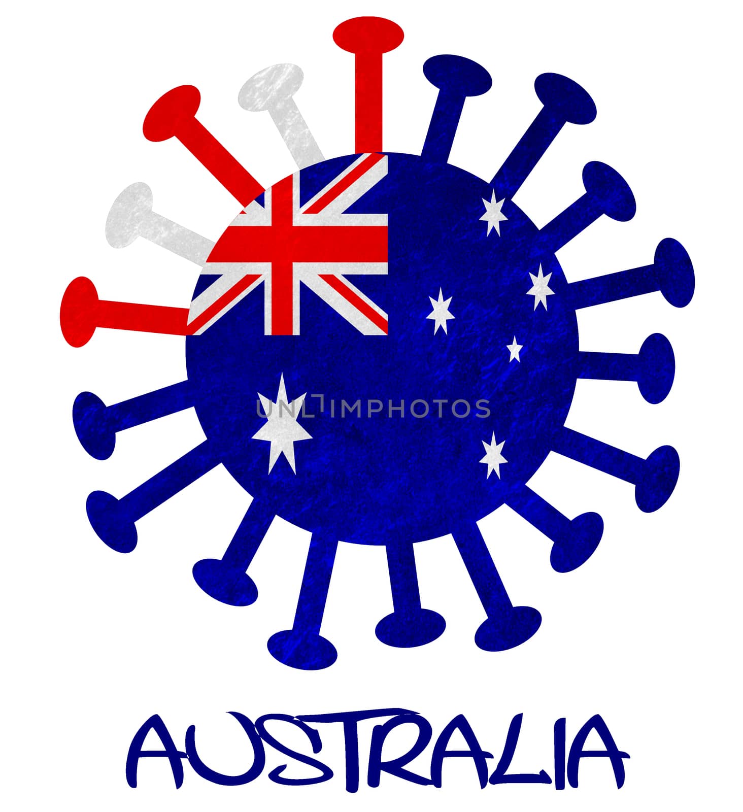 The Australian national flag with corona virus or bacteria - Isolated on white