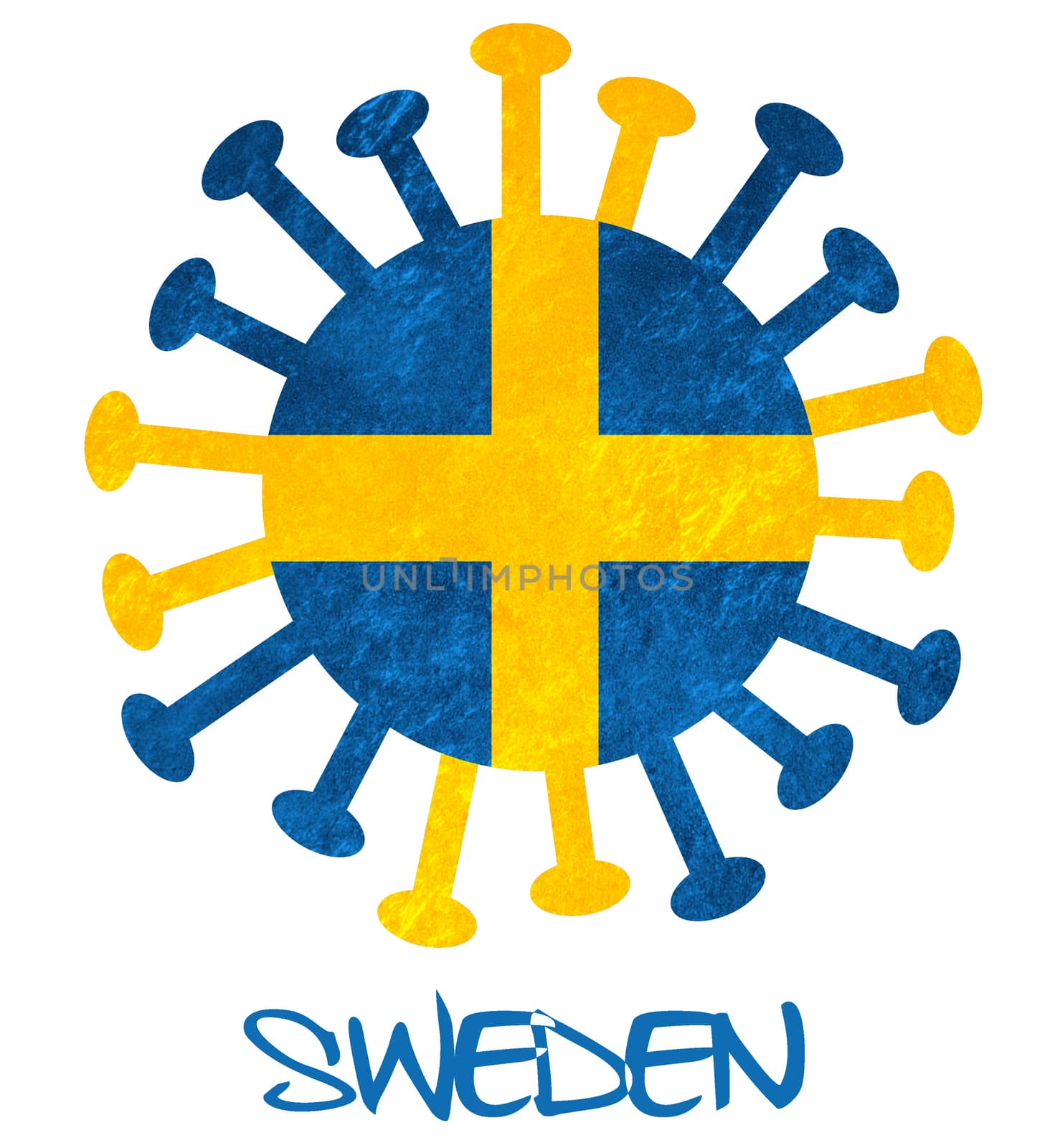 The Swedish national flag with corona virus or bacteria - Isolated on white