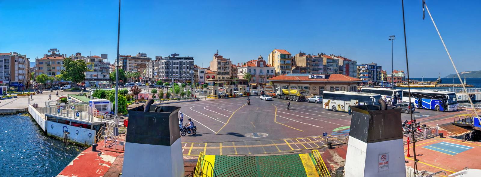 Canakkale, Turkey - 07.23.2019.  Canakkale ferry line across the Dardanelles in Turkey on  a sunny summer morning