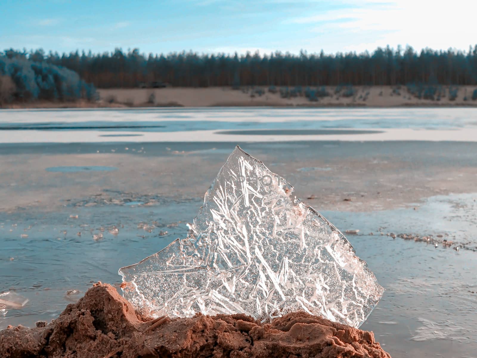 Close up of Ice on the beach. Beach on Eastern seaside of Europe in Estonia with ice chunks. Copy space for text box. Image for wallpaper and desktop