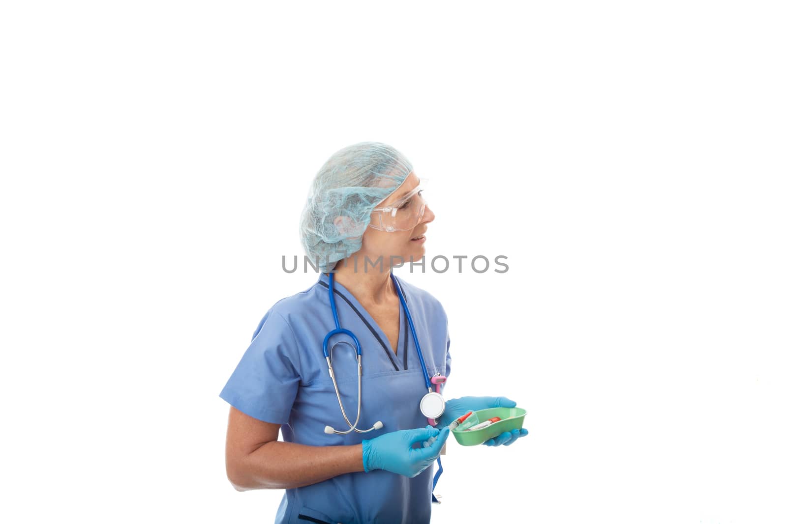 Hospital healthcare nurse or pathologist holding blood test tubes and needle syringe