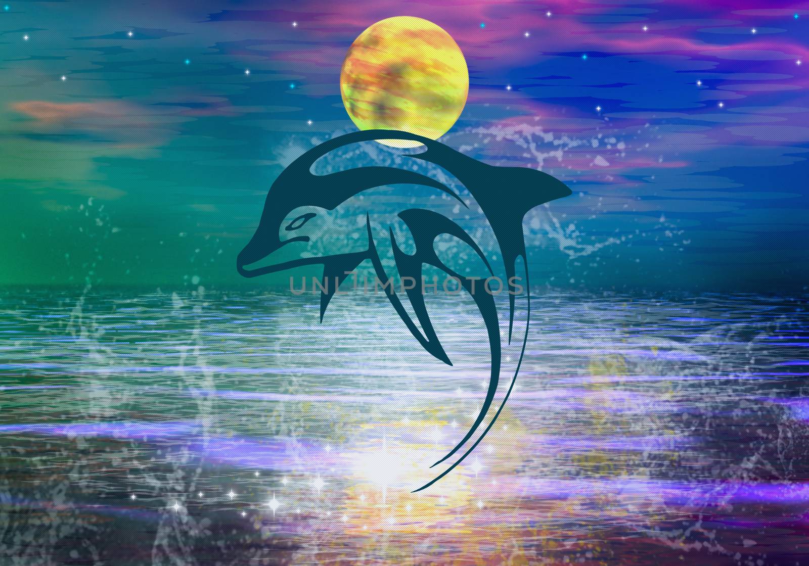 Abstract textured image of dolphin jumping against the background of the moon, scene of a happy life