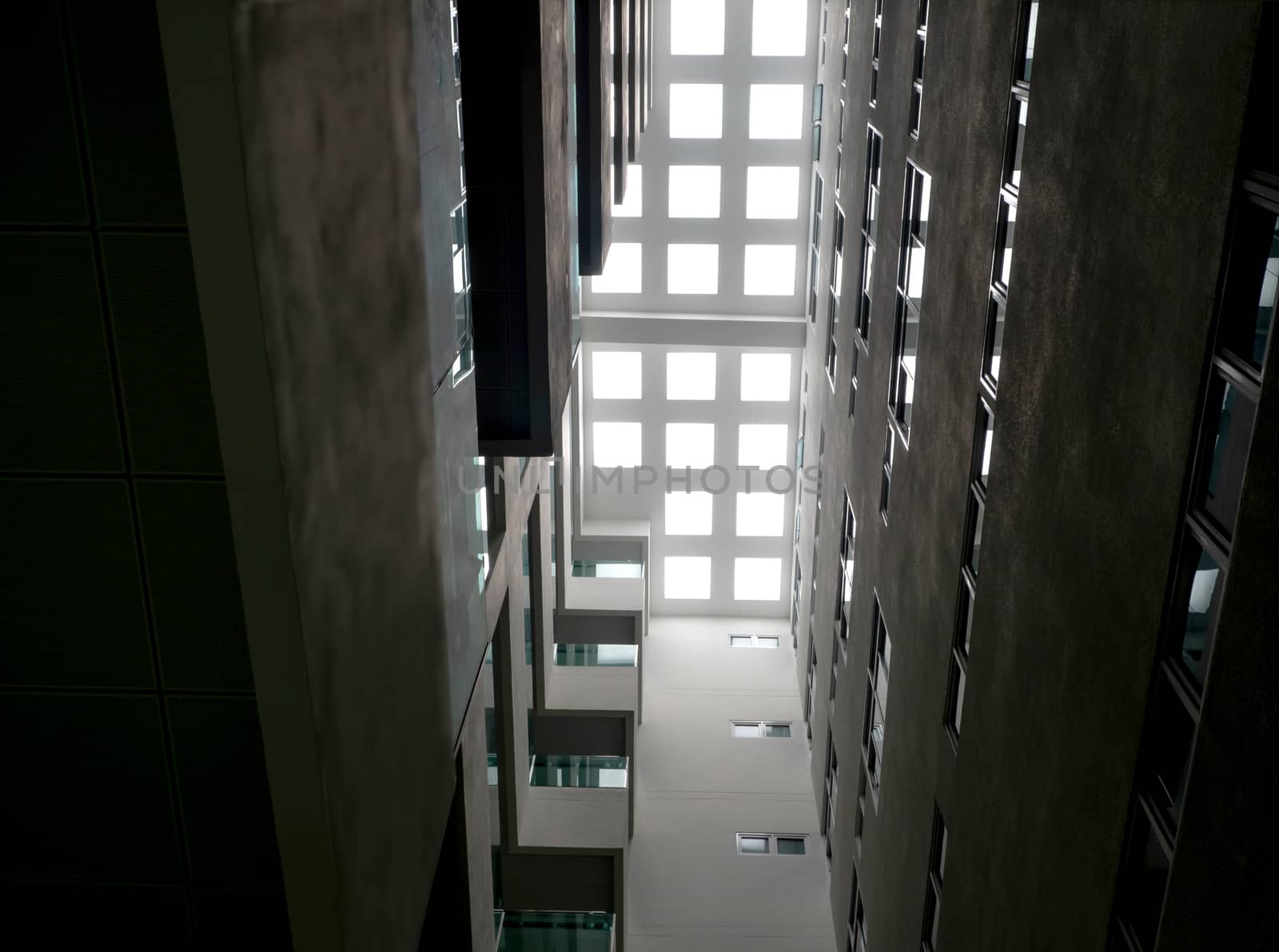 A Low vantage point in hall the high rise building, Looking up to the Daylight from the clerestory on the top of the building