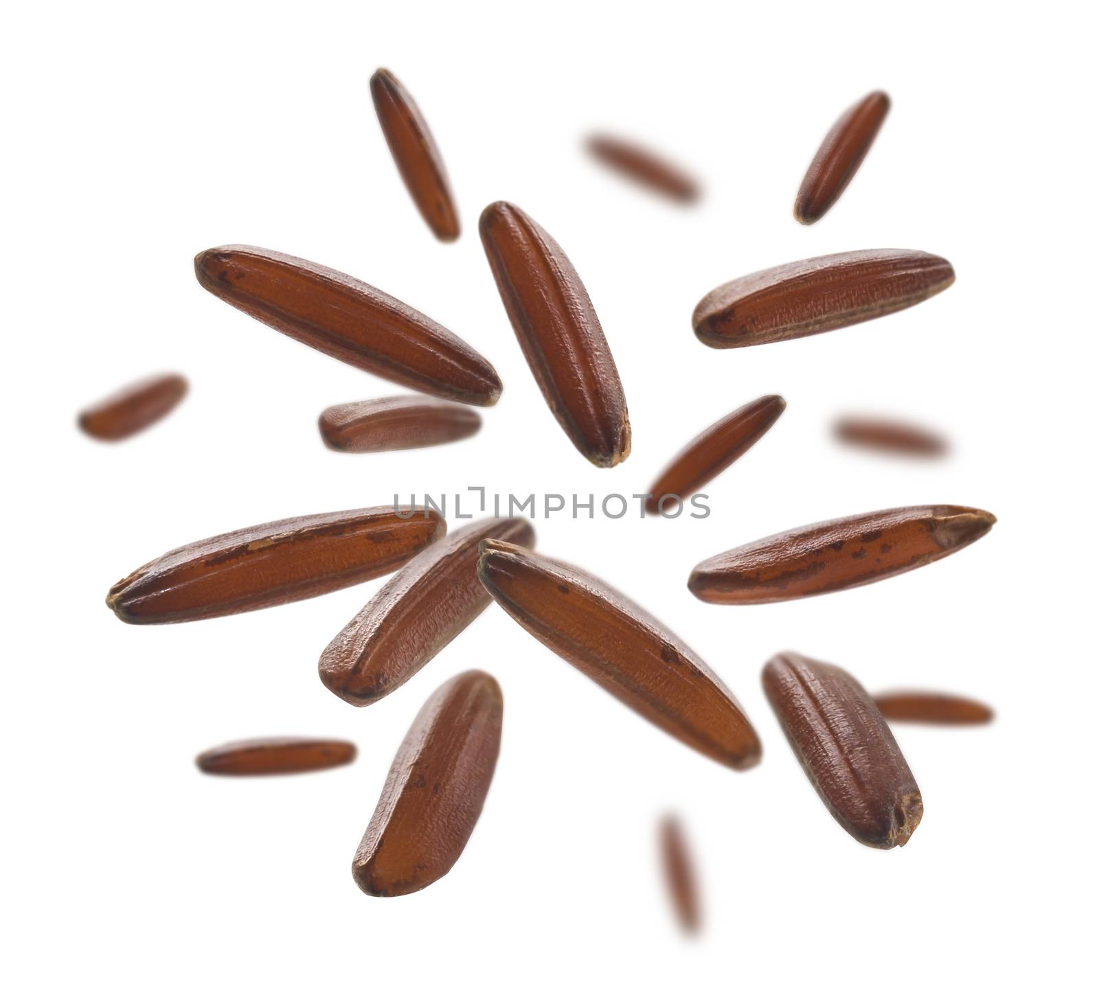 Raw brown rice levitates on a white background.