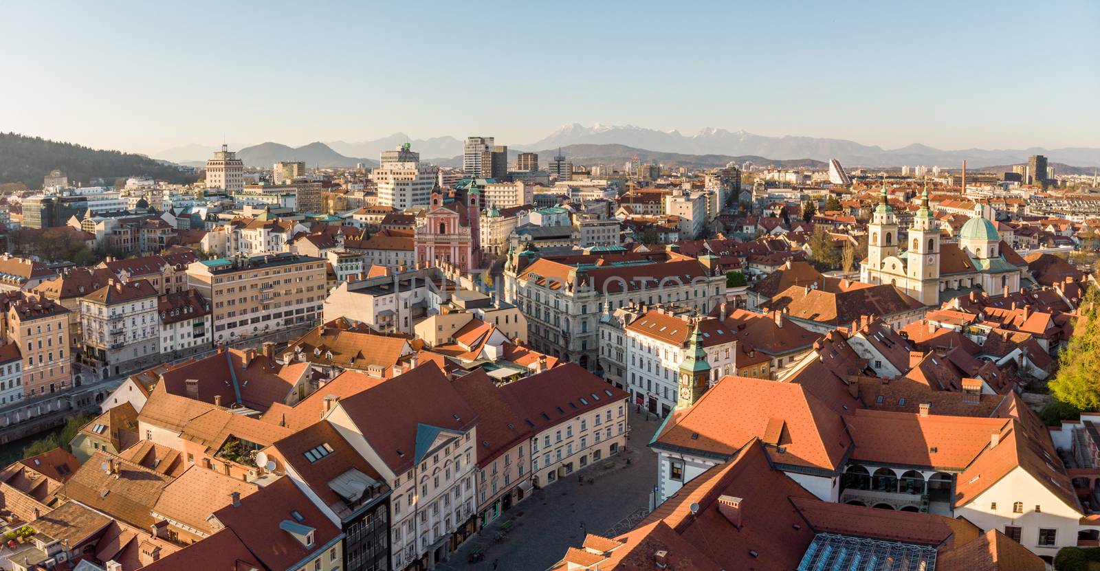 Panoramic view of Ljubljana, capital of Slovenia, at sunset. Empty streets of Slovenian capital during corona virus pandemic social distancing measures in 2020.
