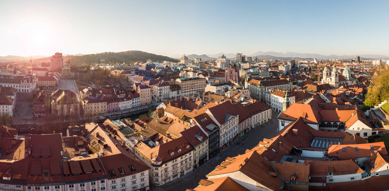 Panoramic view of Ljubljana, capital of Slovenia, at sunset. Empty streets of Slovenian capital during corona virus pandemic social distancing measures in 2020 by kasto