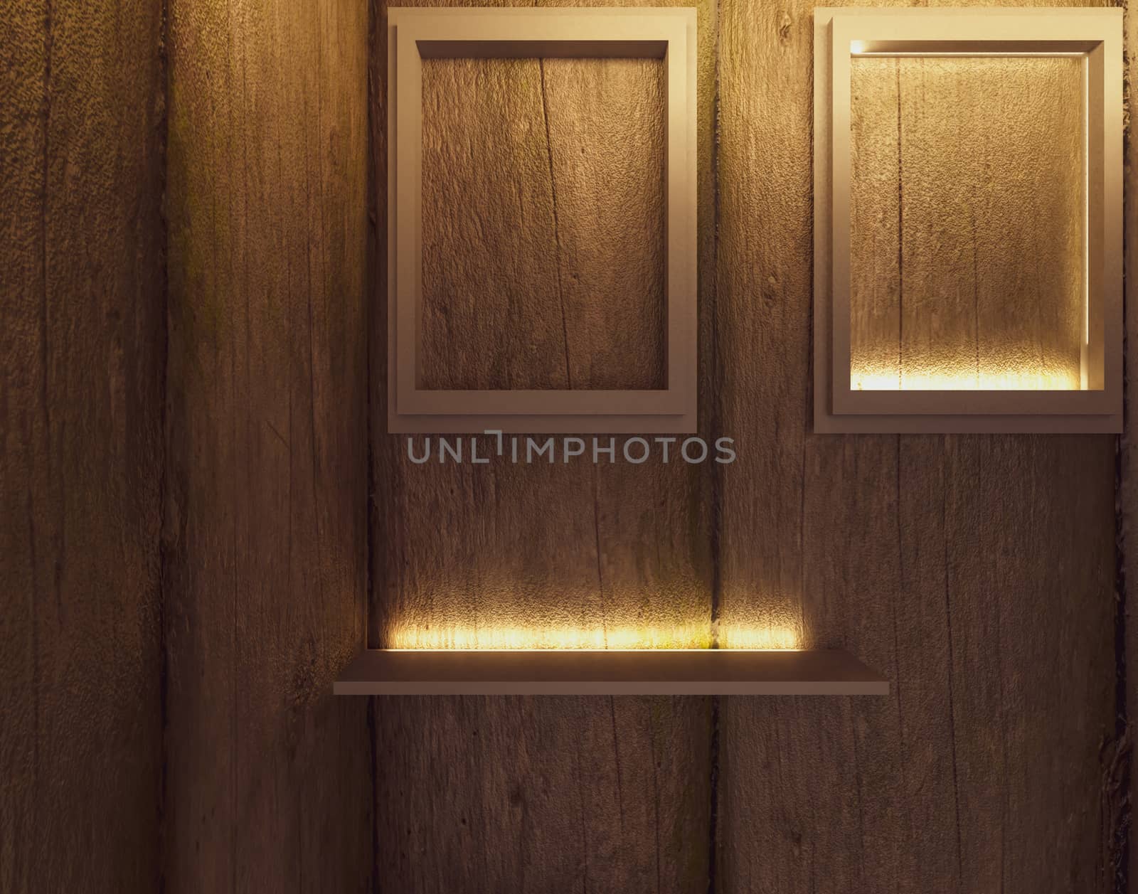 small room 3d render design with wooden wall and warm light by pickaalo