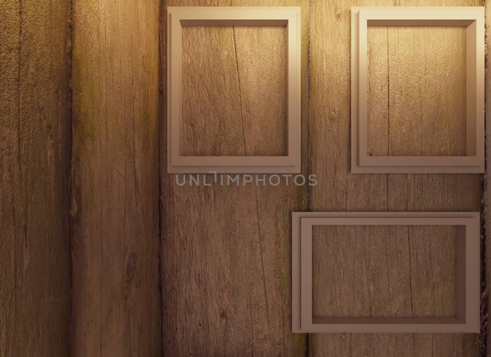small room 3d render design with wooden wall and warm light by pickaalo