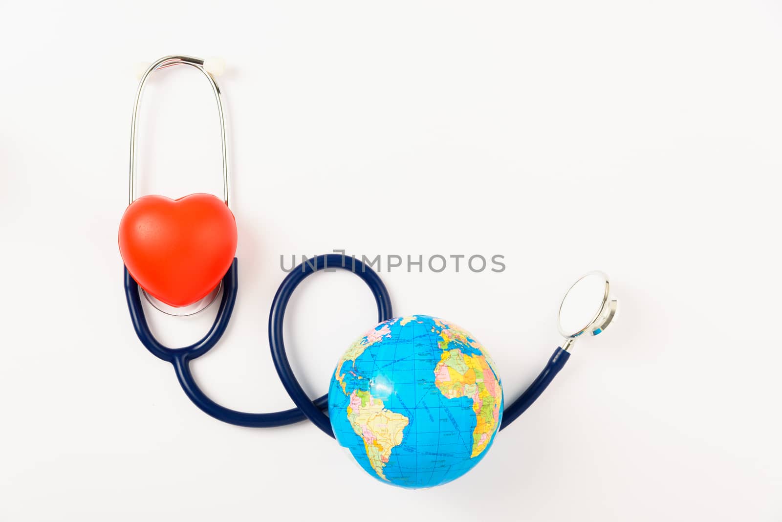 World health day concept, Stethoscope, globe and red heart on white background with copy space. Global health care