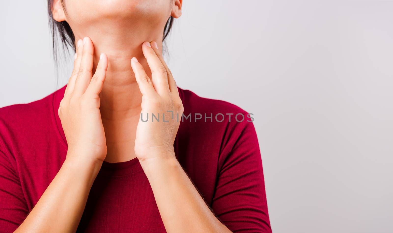 Asian beautiful woman itching her scratching her itchy neck on white background with copy space, Medical and Healthcare concept