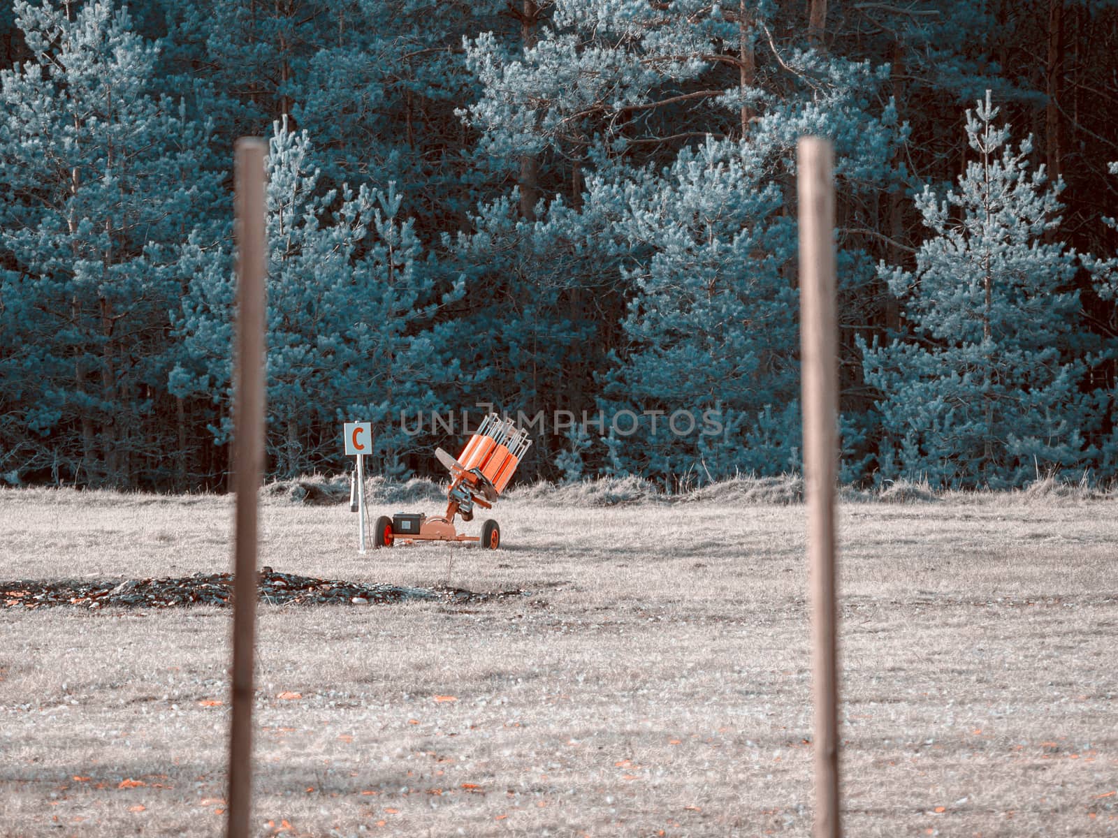 Clay pigeons for shooting. Shooting Center in Estonia, Tallinn. Forest on the background. Autumn season