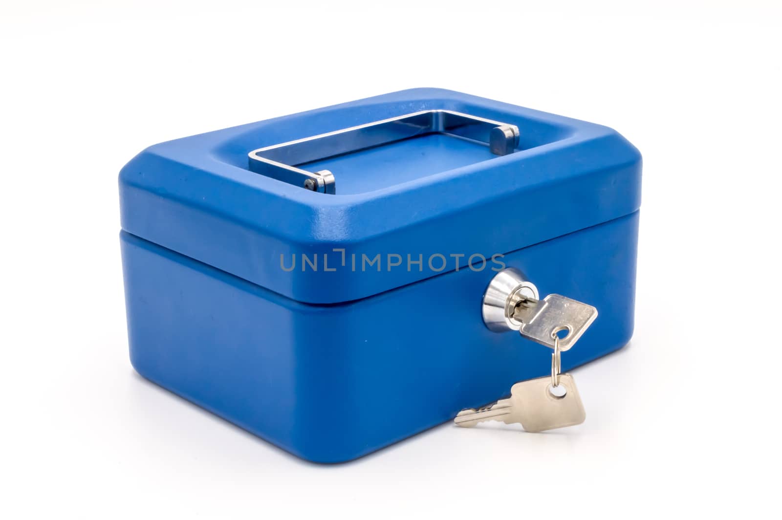 Blue safe close with a key on a white background