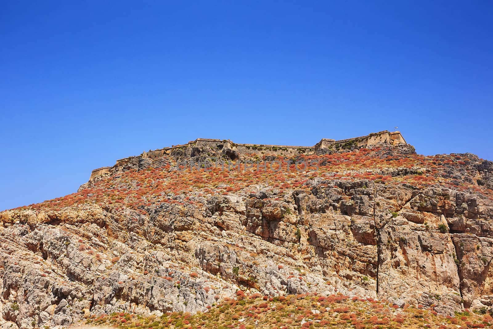 View on the pirate castle on the top of the mountain on the Gramvousa island.