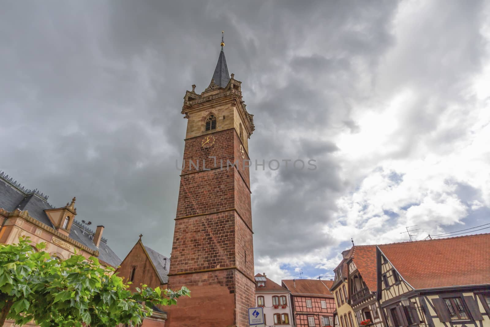 Famous Kappelturm beffroi at Obernai by day, Alsace, France