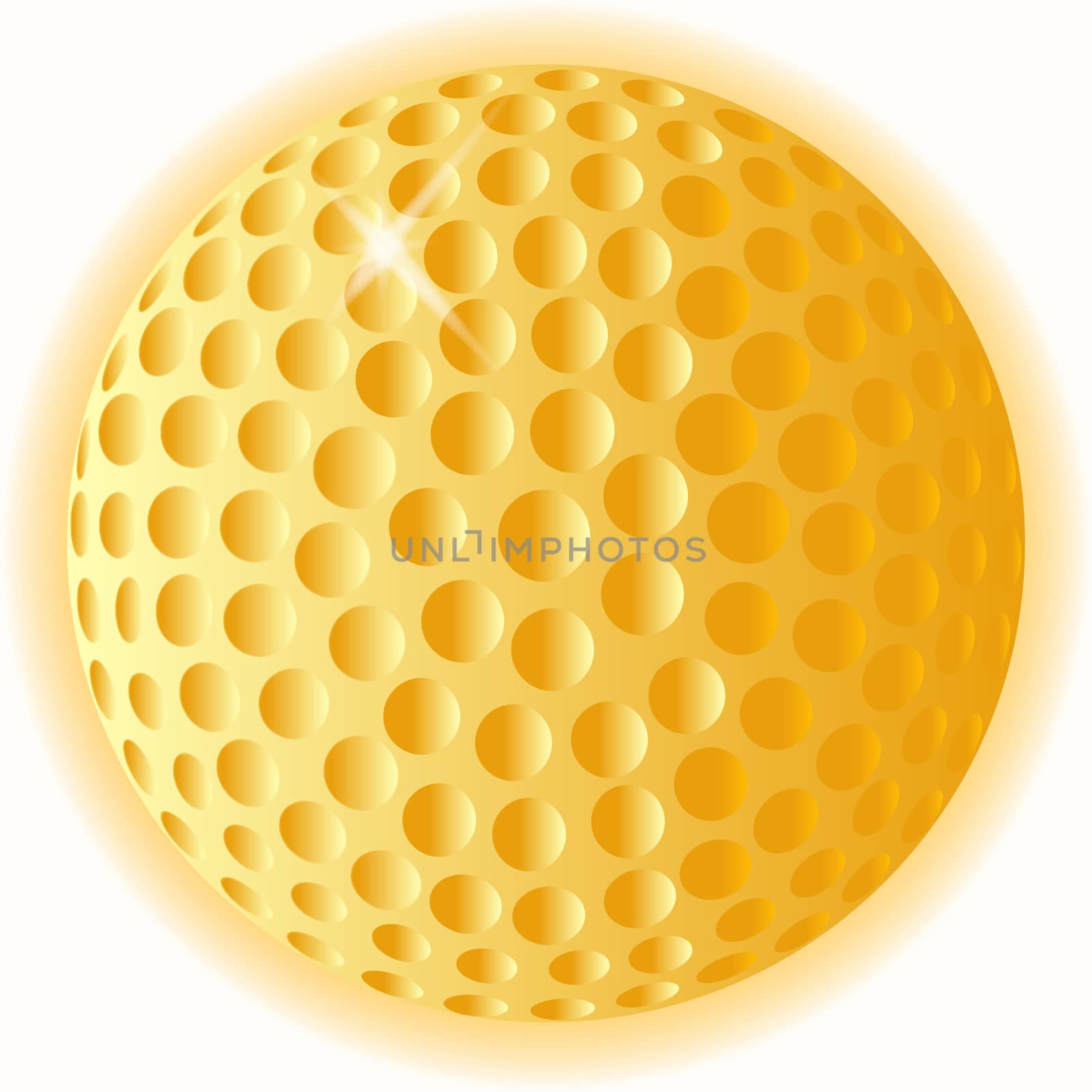 A gold golf ball set against a golden glow backdrop