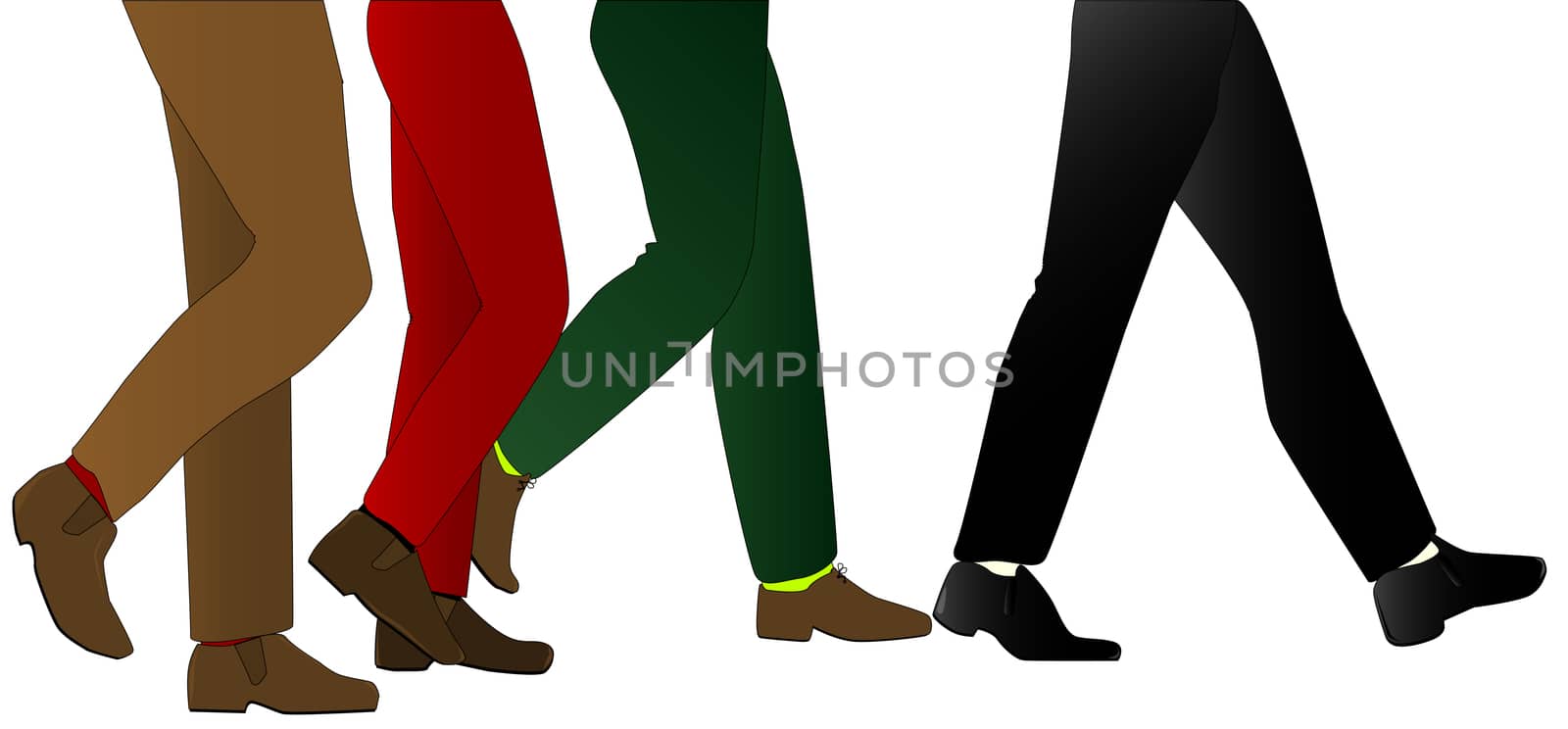 A collection of male legs wearing trousers walking with the lead pair striding