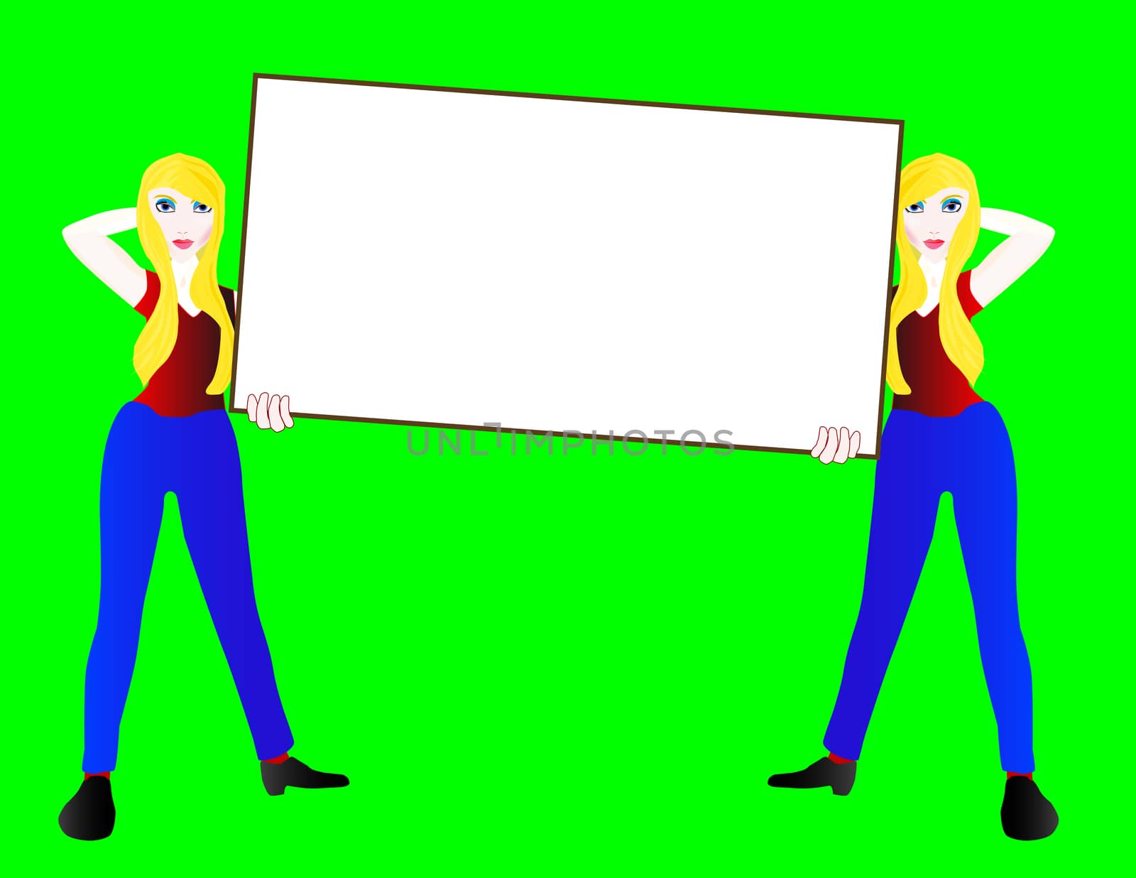 Two girls holding a white sign against a green background