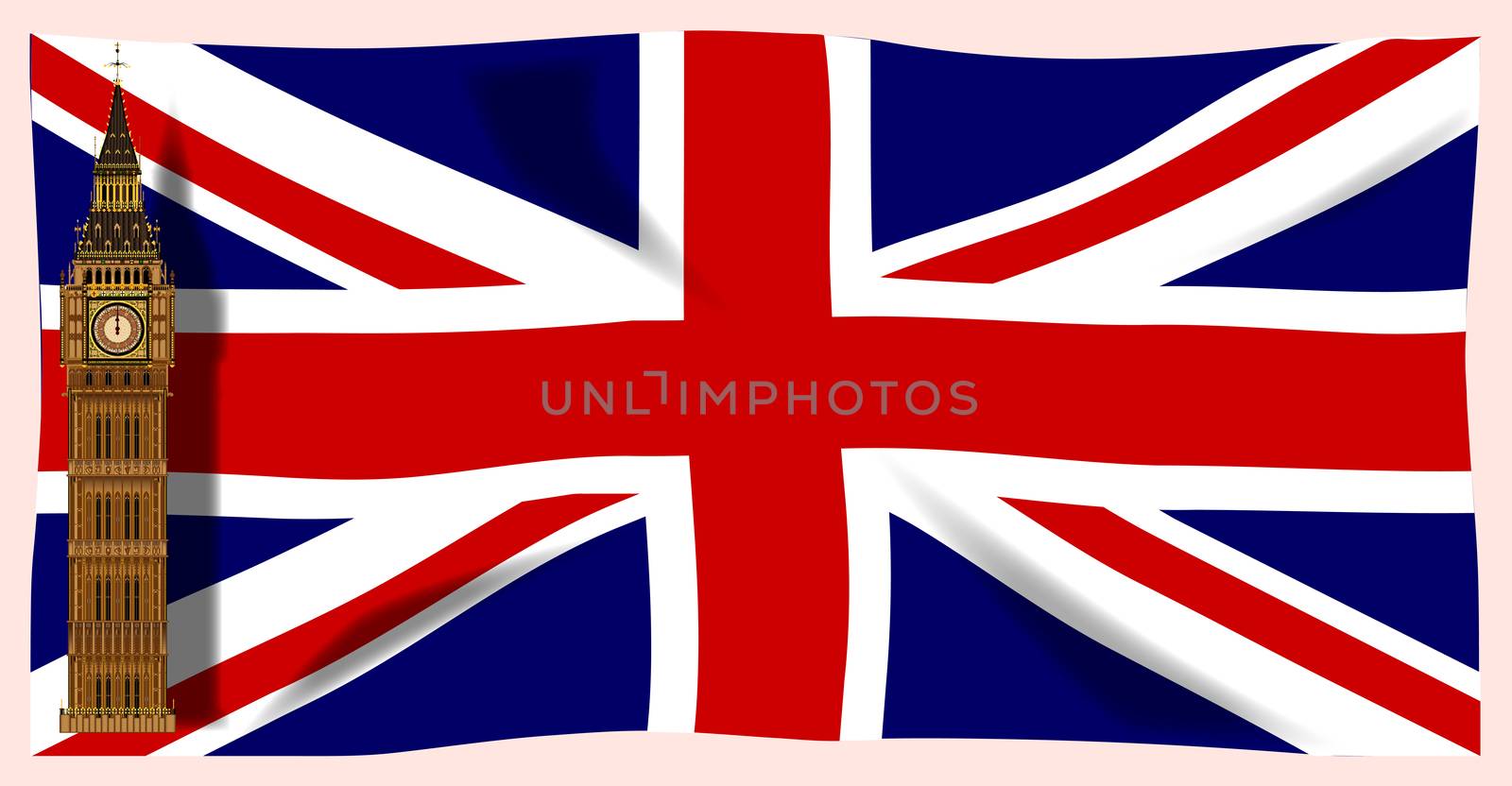 The British Union Flag, or Union JAck when used on board ship, with Big Ben plus shadows.