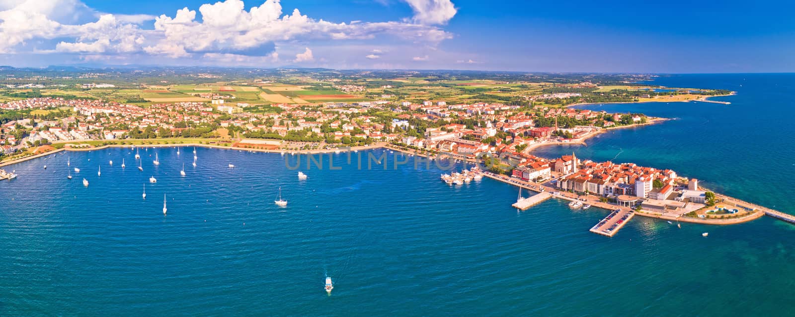 Adriatic coastline of Umag architecture aerial view, archipelago of Istria region, Croatia