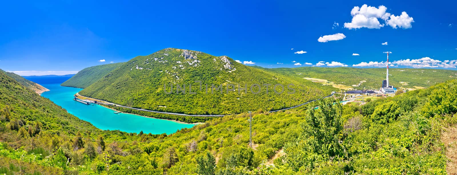 Plomin valley and bay power plant in green landscape  highest croatian chimney panoramic view, Istria region of Croatia
