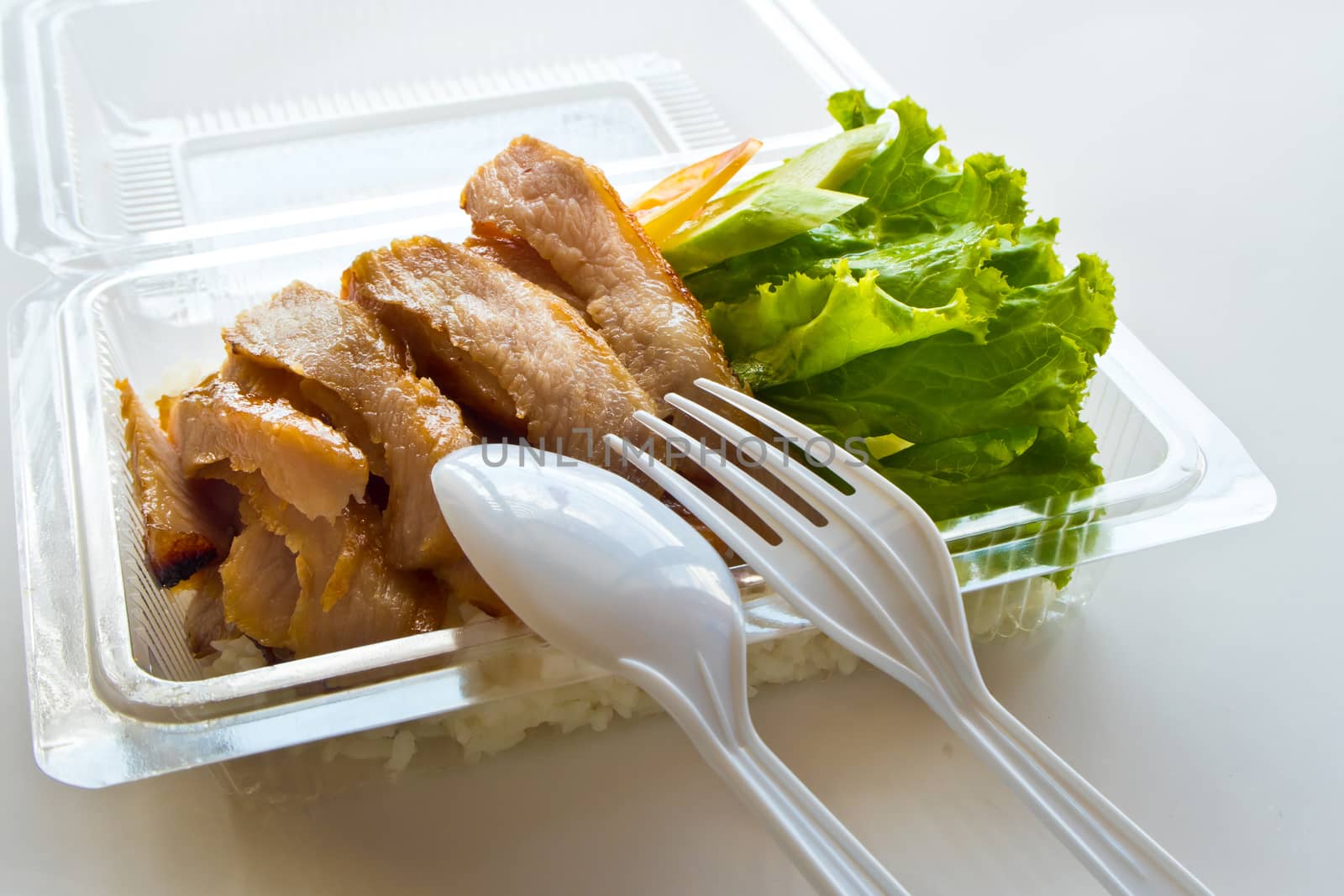 Roasted pork and rice in a plastic box by Satakorn