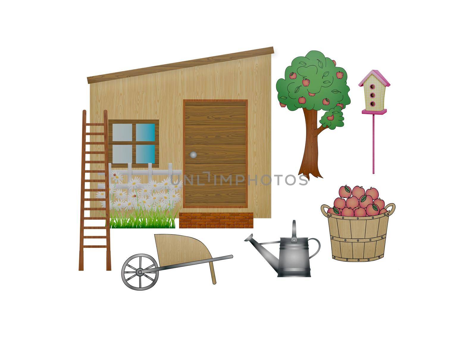 garden tool and house on white background - 3d rendering by mariephotos