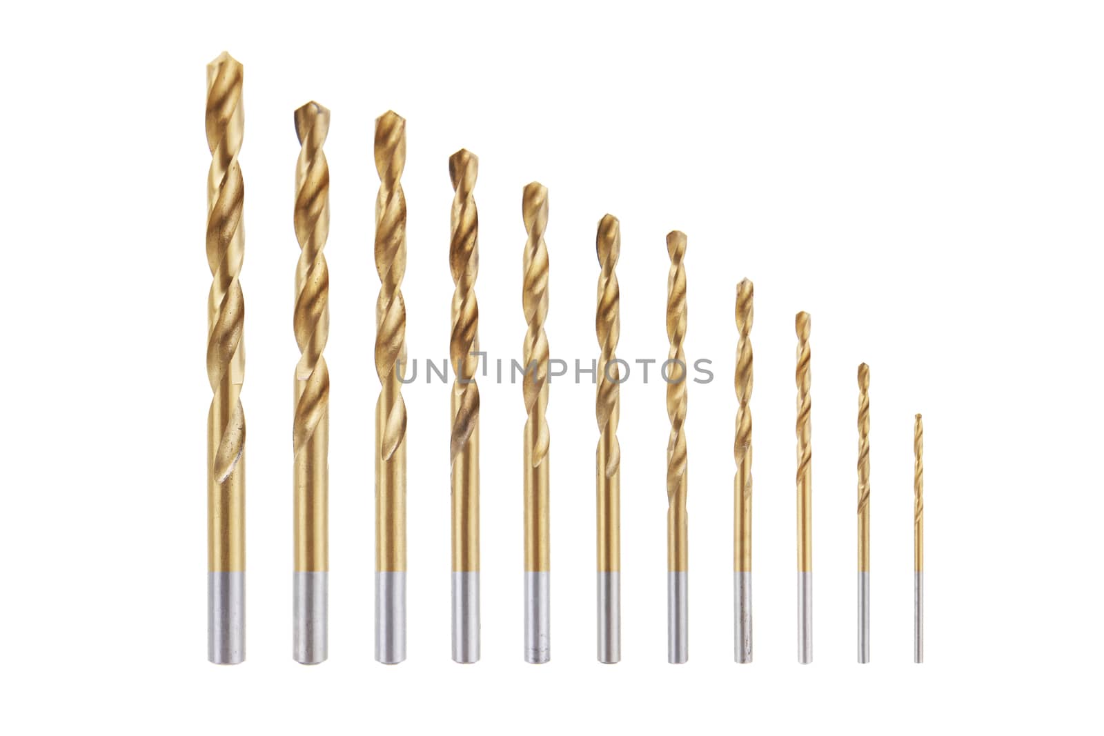 A set of drill bits 6.5mm 6mm 5.5mm 5mm 4.5mm 4mm 3mm 2mm 1.5mm 1mm isolated on white with clipping path