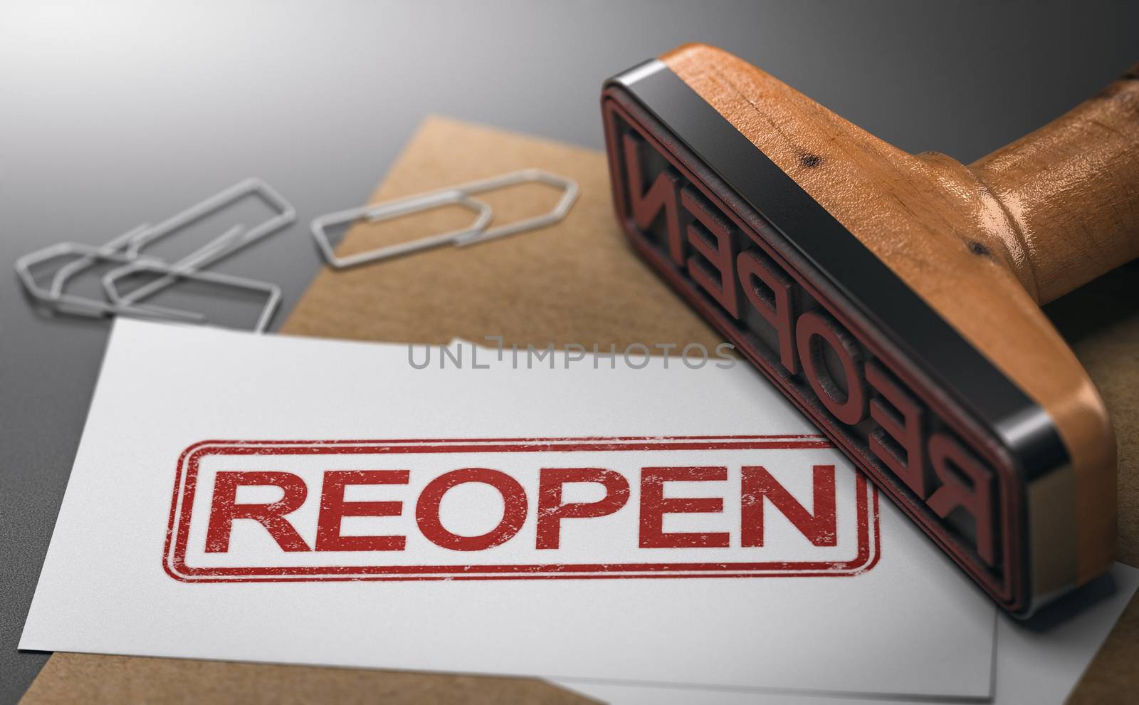 3D illustration of a business card with the word reopen printed on it and a rubber stamp. Concept of reopening economy.