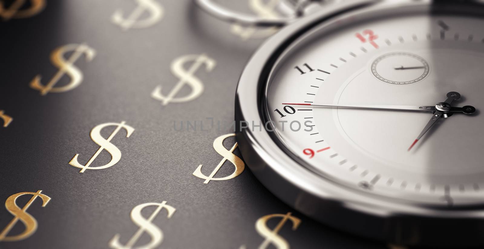 Clock over black background with golden dollar symbols. Time is money concept. 3D illustration.