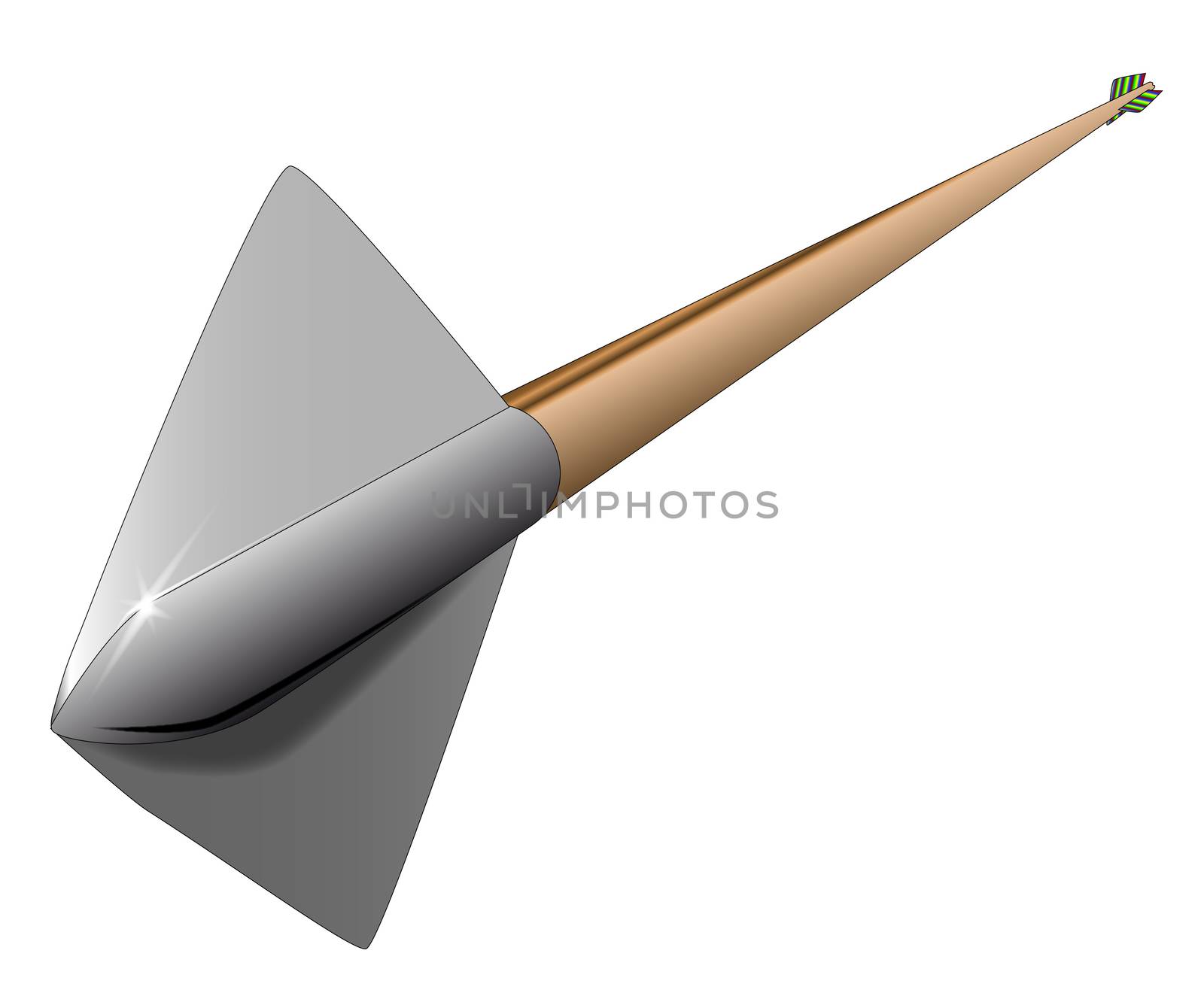 A arrow with a large arrow head, in flight, isolatted on a white background.