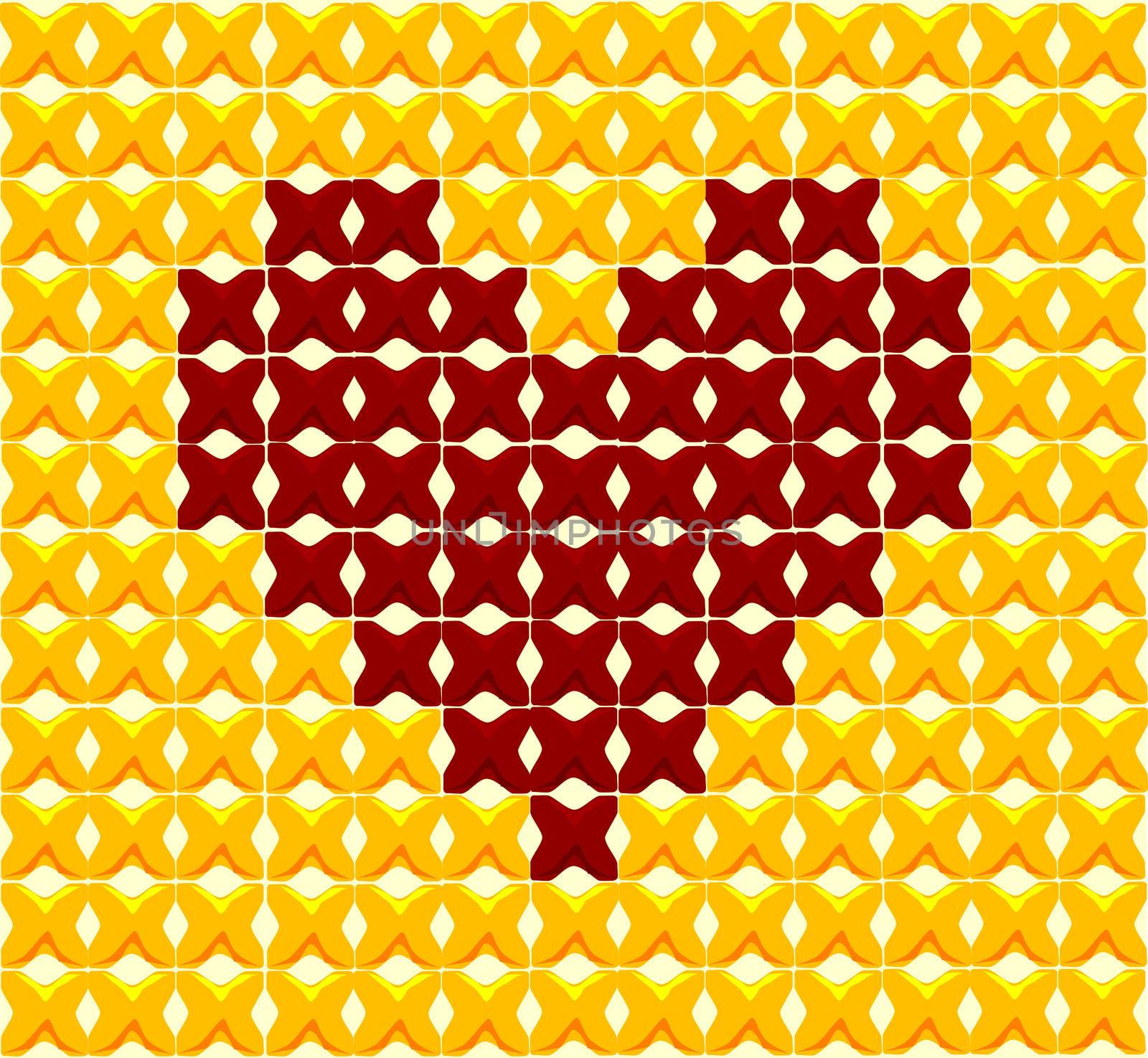 A red cross stitch heart set against a gold scroth stitch background